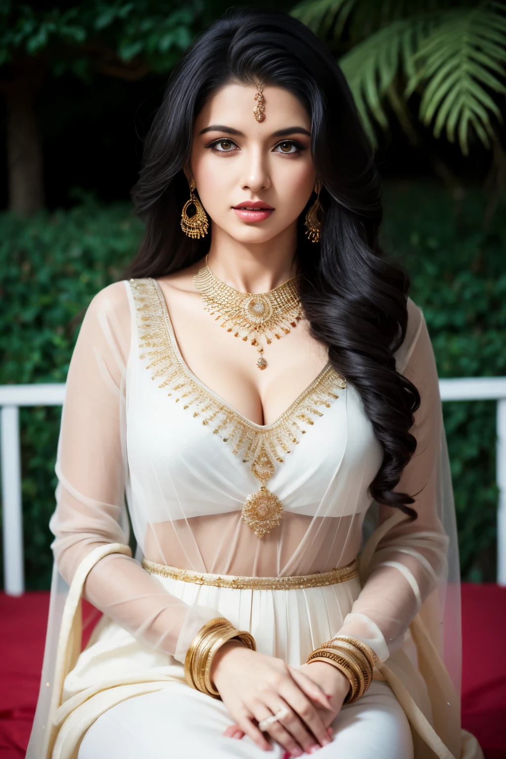 portrait of A confident-looking indian white woman princess with long flowing hair, hazel eyes, bright face, looking front , full face,  visible breast sitting on royal garden, palace background, bokeh perfect composition, hyperrealistic, super detailed, 8k, high quality, trending art, trending on artstation, sharp focus, photo shoot, intricate details, highly detailed, art by greg rutkowski