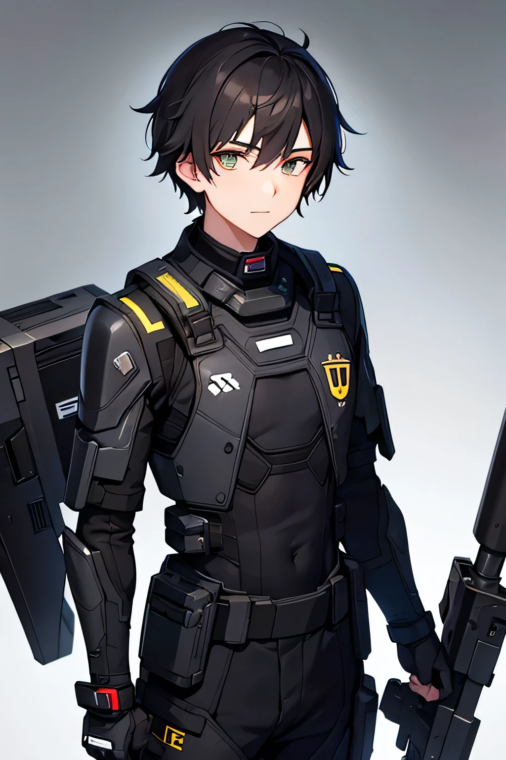 18 year old young man with a black latest generation exo military suit