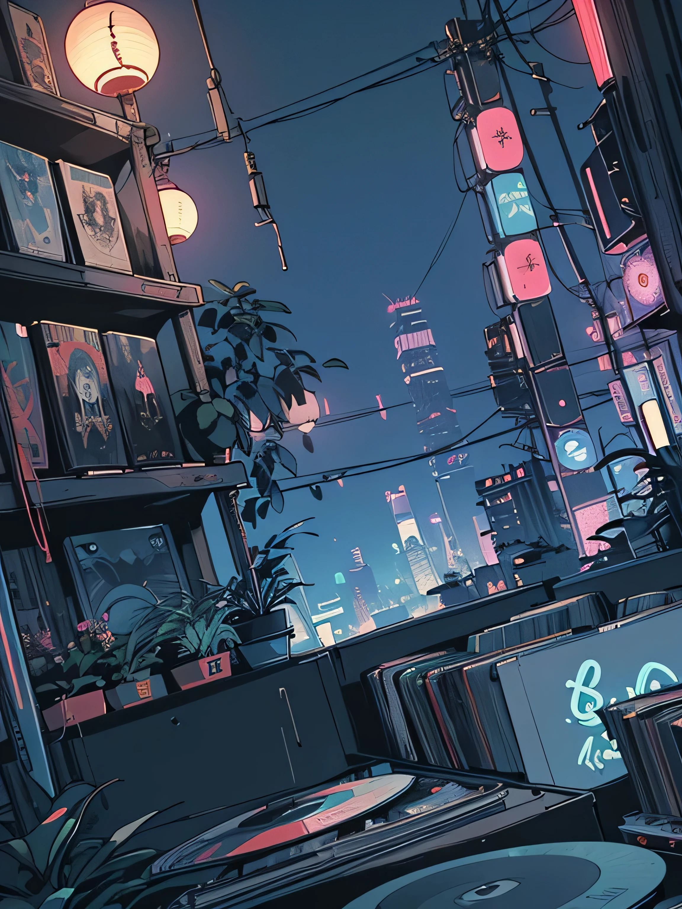 extreme quality, masterpiece, unity 8k wallpaper, depth of field, ultra detailed, (((unattended))), (((record store))), nostalgia, panorama, long shot, (((records on the shelves.))),  (((Various angles))),(((Plants))), (((cyberpunk))),  (((neon))),(((front view))),(((Night))),(((Japanese Atmosphere))),(((blue color))), straight-on