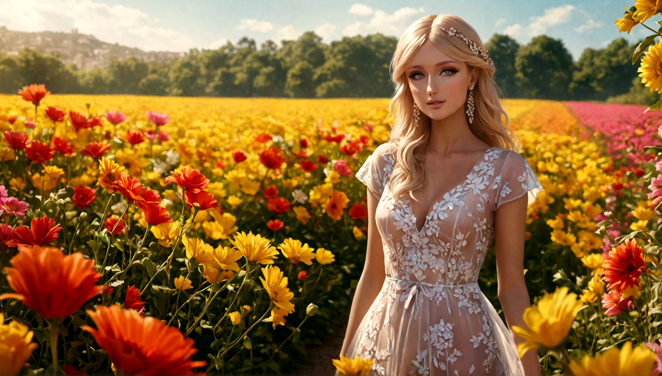 a beautiful young woman, paris hilton, in a stylish sheer summer dress, standing in a field of bright flowers, warm and pure expression, professional fashion photoshoot, high fashion, editorial, glamorous, cinematic lighting, vivid colors, (best quality,8k,highres,masterpiece:1.2),ultra-detailed,(realistic,photorealistic,photo-realistic:1.37),professional photography,editorial fashion