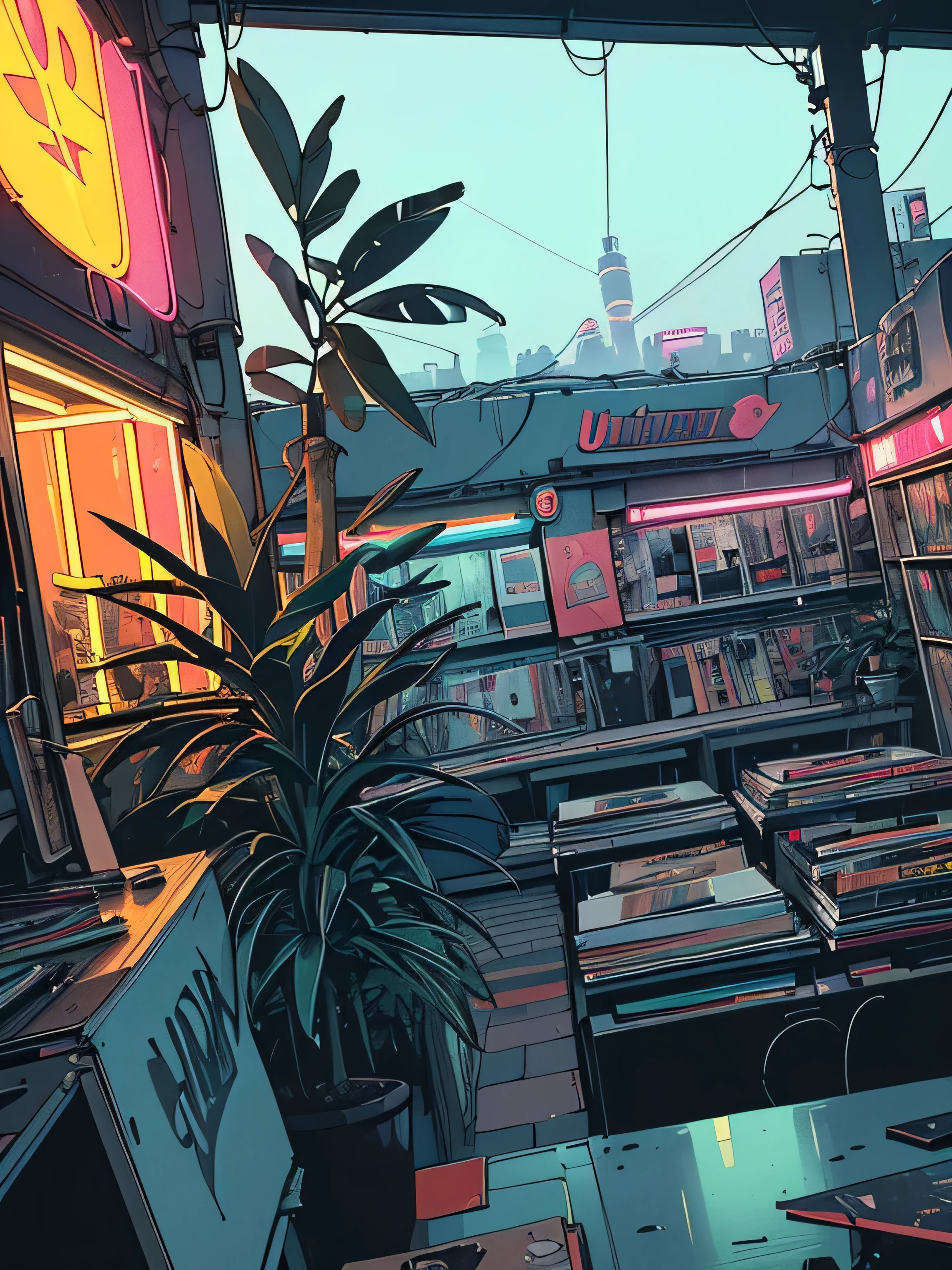 extreme quality, masterpiece, unity 8k wallpaper, depth of field, ultra detailed, (((unattended))), (((record store))), nostalgia, panorama, long shot, (((records on the shelves.))), (((Various angles))),(((Plants))), (((cyberpunk))), (((neon))),(((front view))),(((Night))), (((retro color))), (((straight-on))), Accurate record detail, large window, store interior