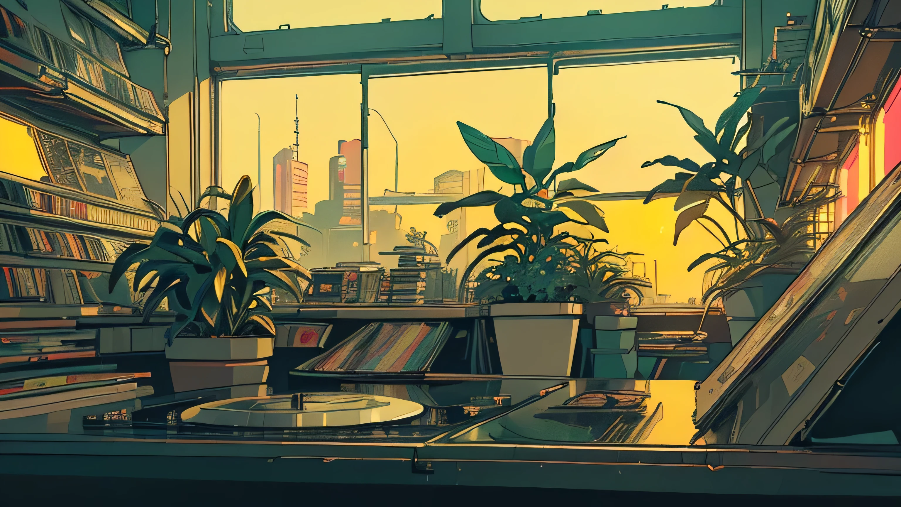 extreme quality, masterpiece, unity 8k wallpaper, depth of field, ultra detailed, (((unattended))), (((record store))), nostalgia, panorama, long shot, (((records on the shelves.))), (((Various angles))),(((Plants))), (((cyberpunk))), (((neon))),(((front view))),(((Night))), (((yellow color))), (((straight-on))), Accurate record detail, (((large window)))