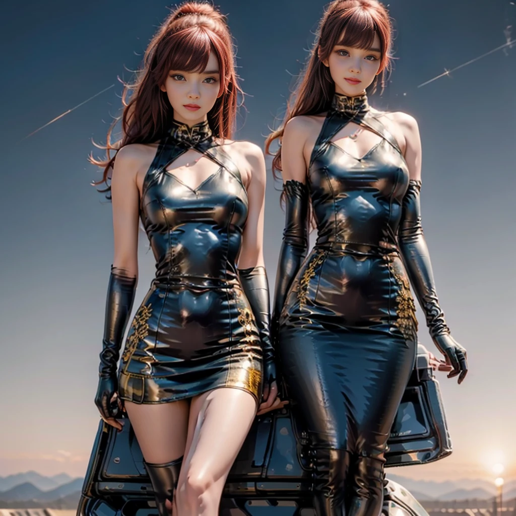 Three 21 year old girls, sitting, beautiful face, beautiful figure, perfect measurements, perfect body, mini-skirt, top, transparencies, fireworks, metallic gloves, shooting stars, photorealism, RAW quality,