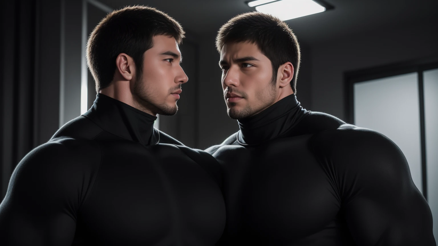 Super muscular man hugging, kissing and caressing, Open your mouth尖叫,Look at each other affectionately,They hugged each other affectionately,Buzz Cut,In a luxurious and noble mansion, Wear a dark khaki turtleneck with long sleeves, Thickened warm elastic texture,They look happy,Open your mouth,The expression is arrogant, Thick thighs, Messy hair, Thick thighs, Turtleneck Long Sleeve Dark Khaki Turtleneck Bodysuit, very tight, Regular symmetrical pattern, Highlight muscles, Police uniform pants, character concept(Resident Evil - Chris Redfield, Chris Redfield)A proud expression, Deep and charming eyes, Heroic male pose, tall Burly, muscular!muscular thighs, tough guy, perfect facial features, High, Burly, Heqiang, Super polished and cool, High Resolution Committee, Charismatic, The sun shines through the customers