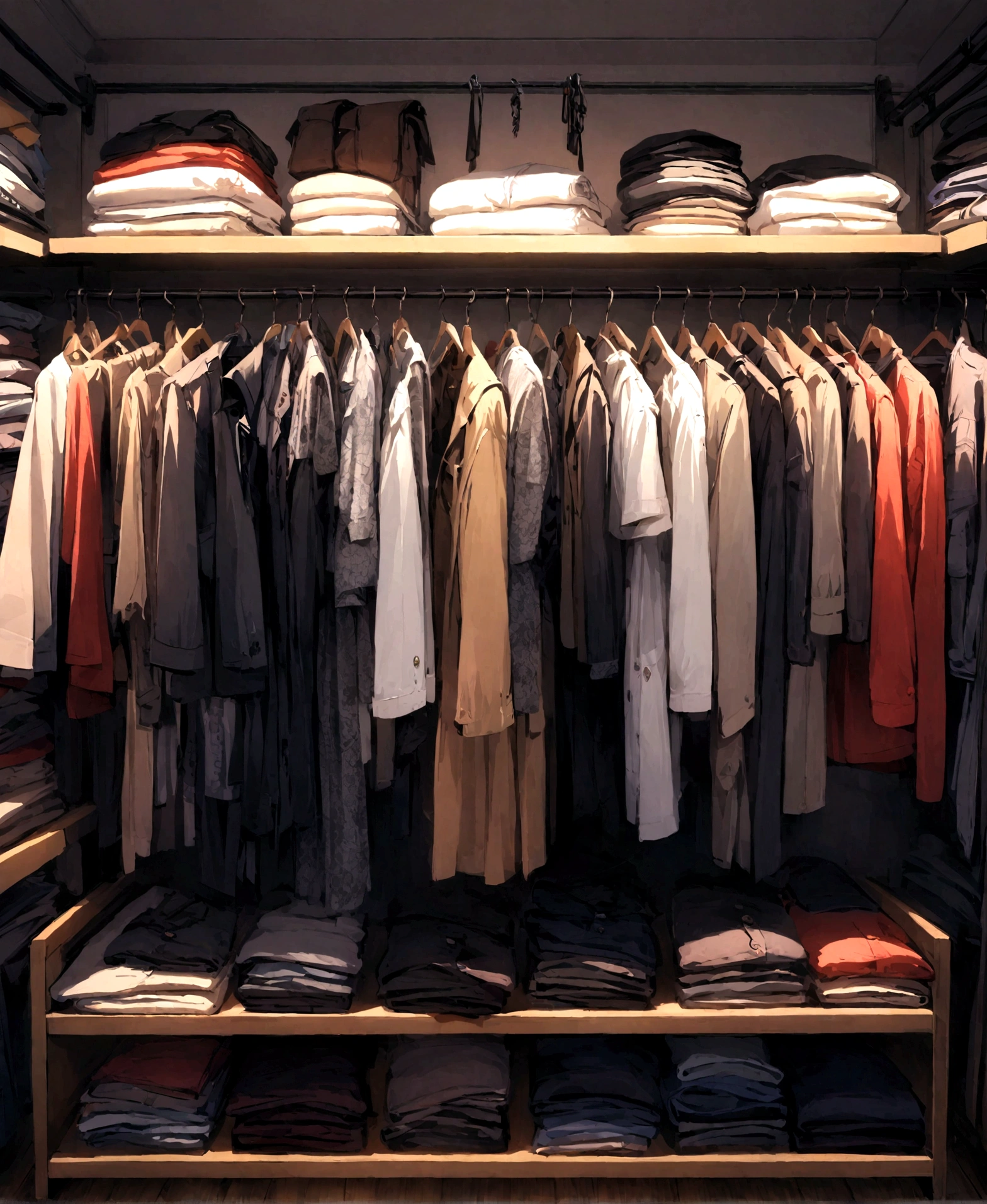 Many clothes are displayed on the wardrobe in the clothing store,horizontal