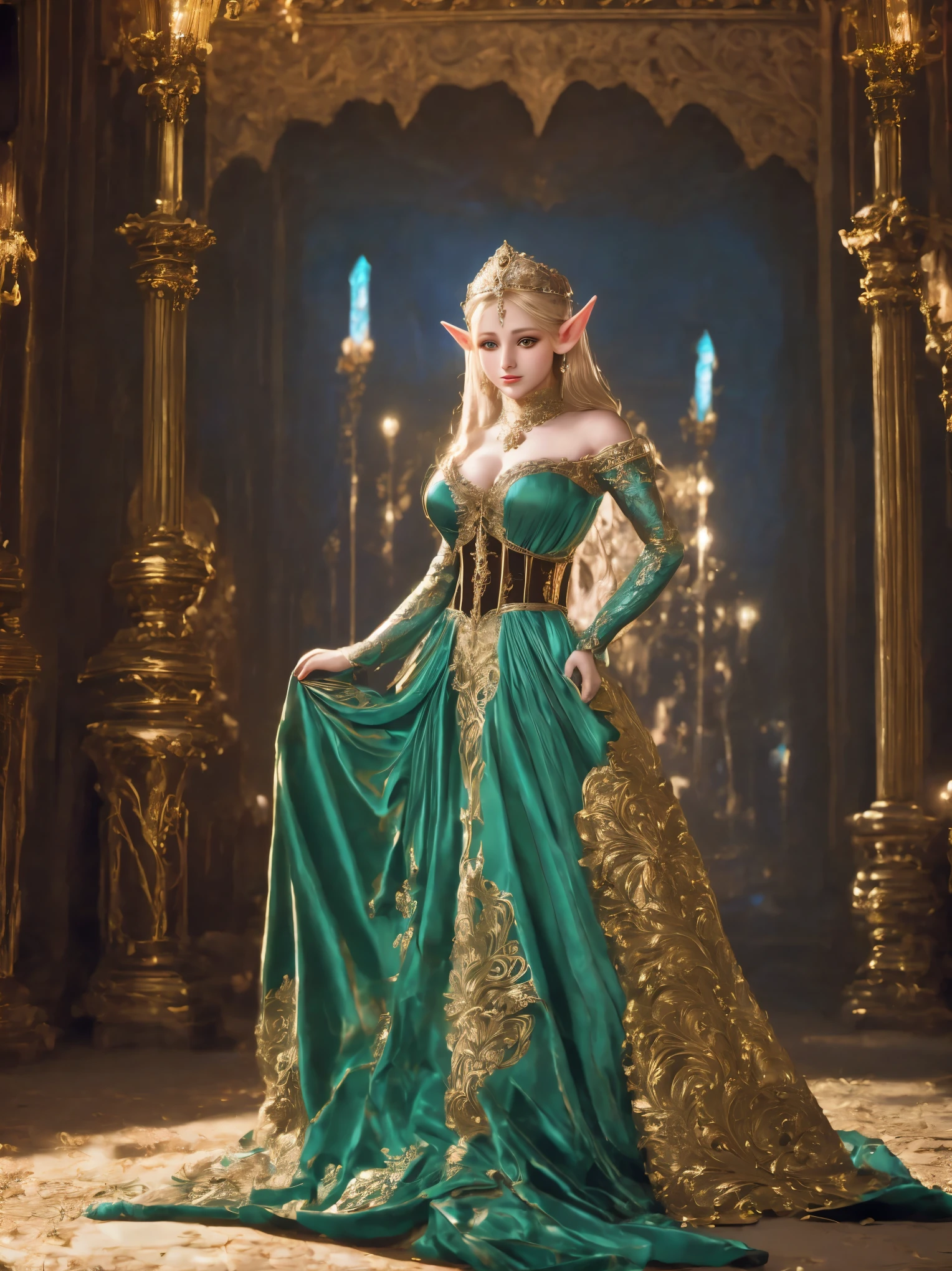 a beautiful elf princess, palace, attendants, princess gown, intricate details, ornate architecture, warm lighting, fantasy, digital art, cinematic, highly detailed, 8k, photorealistic