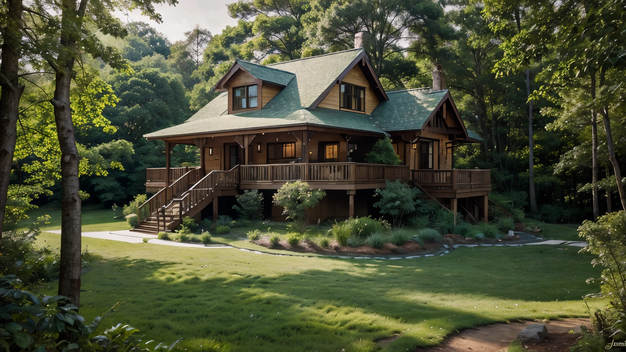 Imagine a captivating painting that showcases a charming house perched on a hill, surrounded by a lush and vibrant forest. Paint the house with a cozy and inviting atmosphere, using warm colors and intricate details. Depict the hill with rolling slopes and elegant trees, capturing the beauty and tranquility of the natural surroundings. Use soft brushstrokes to create a sense of depth and atmosphere, highlighting the house as a serene retreat amidst the forest.