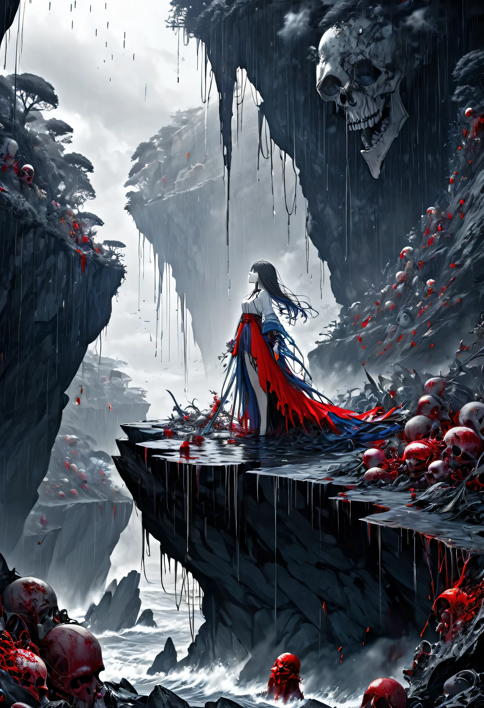 black and white and blue and red,(best quality, ultra-detailed, high resolution, extremely detailed cg),wide shot,dead angels stand on cliff edge,she is very beautiful,she like blood and sea,bloody rain, mystical,fanatic, intricate, surreal,delicate