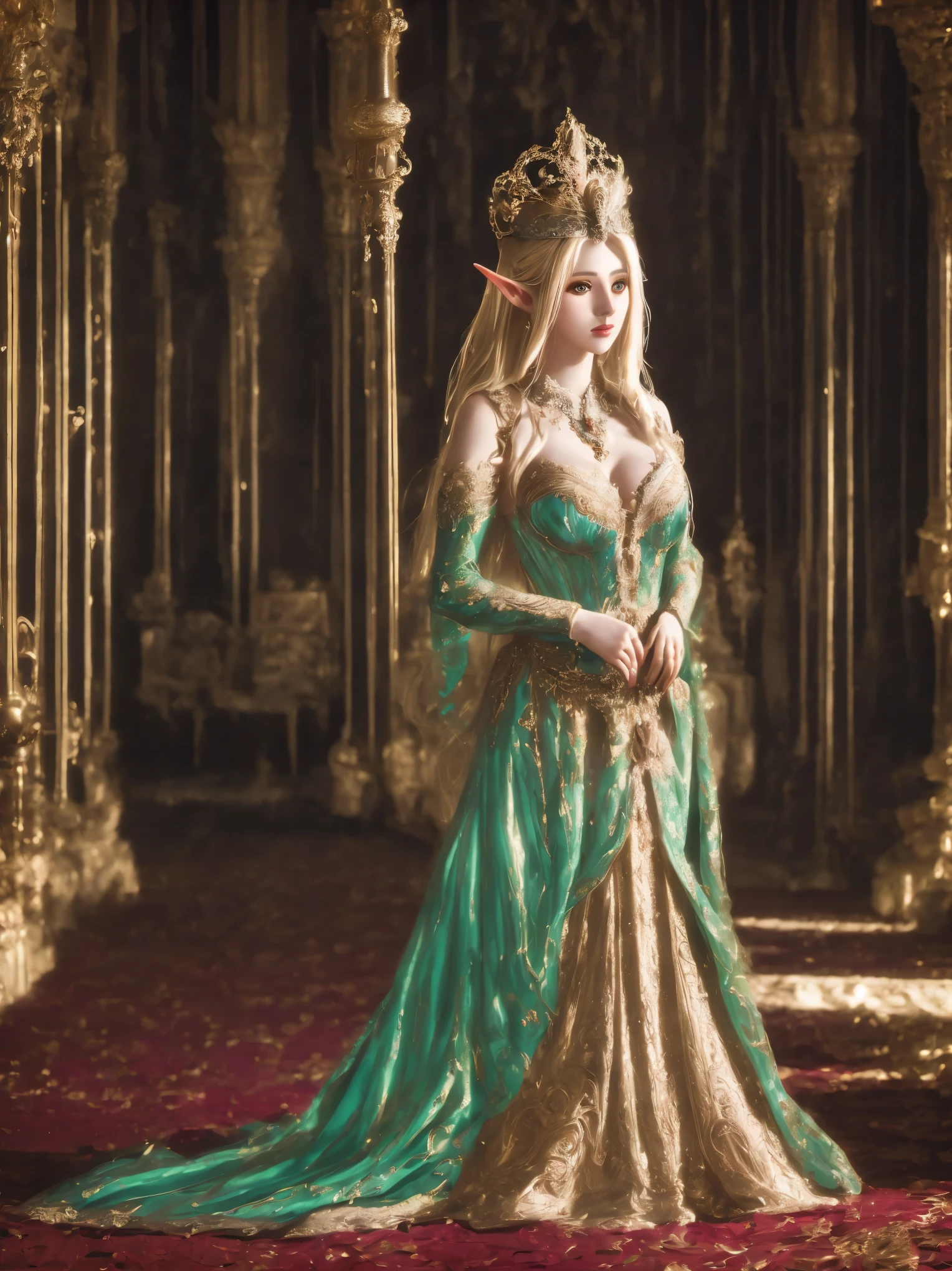 a beautiful elf princess, palace, attendants, princess gown, intricate details, ornate architecture, warm lighting, fantasy, digital art, cinematic, highly detailed, 8k, photorealistic