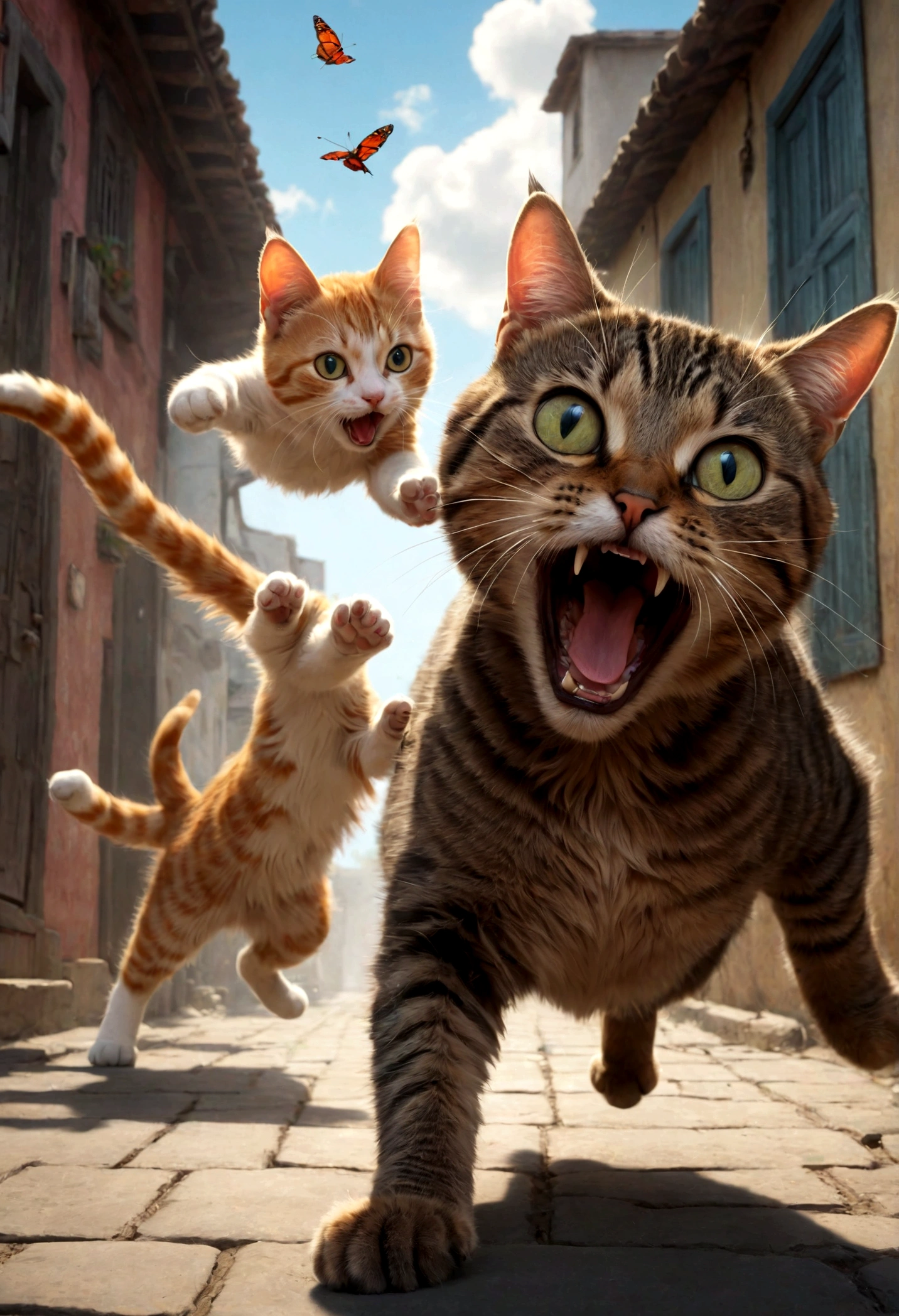 a cat chasing a girl, screaming