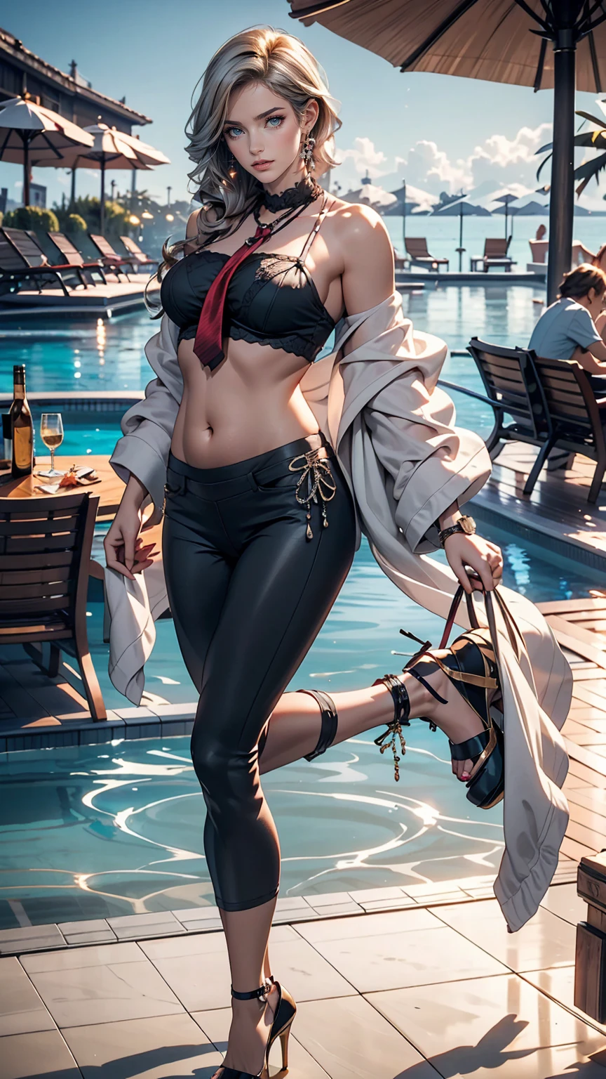 24 year old Caucasian female、blue eyes、Silver Hair、long hair、Vertical roll on one side((side drill))、tie-up・shirt(tie up shirt)Wear、I can see the belly button、Wear leggings、Wear 16cm high stiletto heels、At the poolside of a resort hotel、Sit on a deckchair、There is a table with sky blue tropical juices.