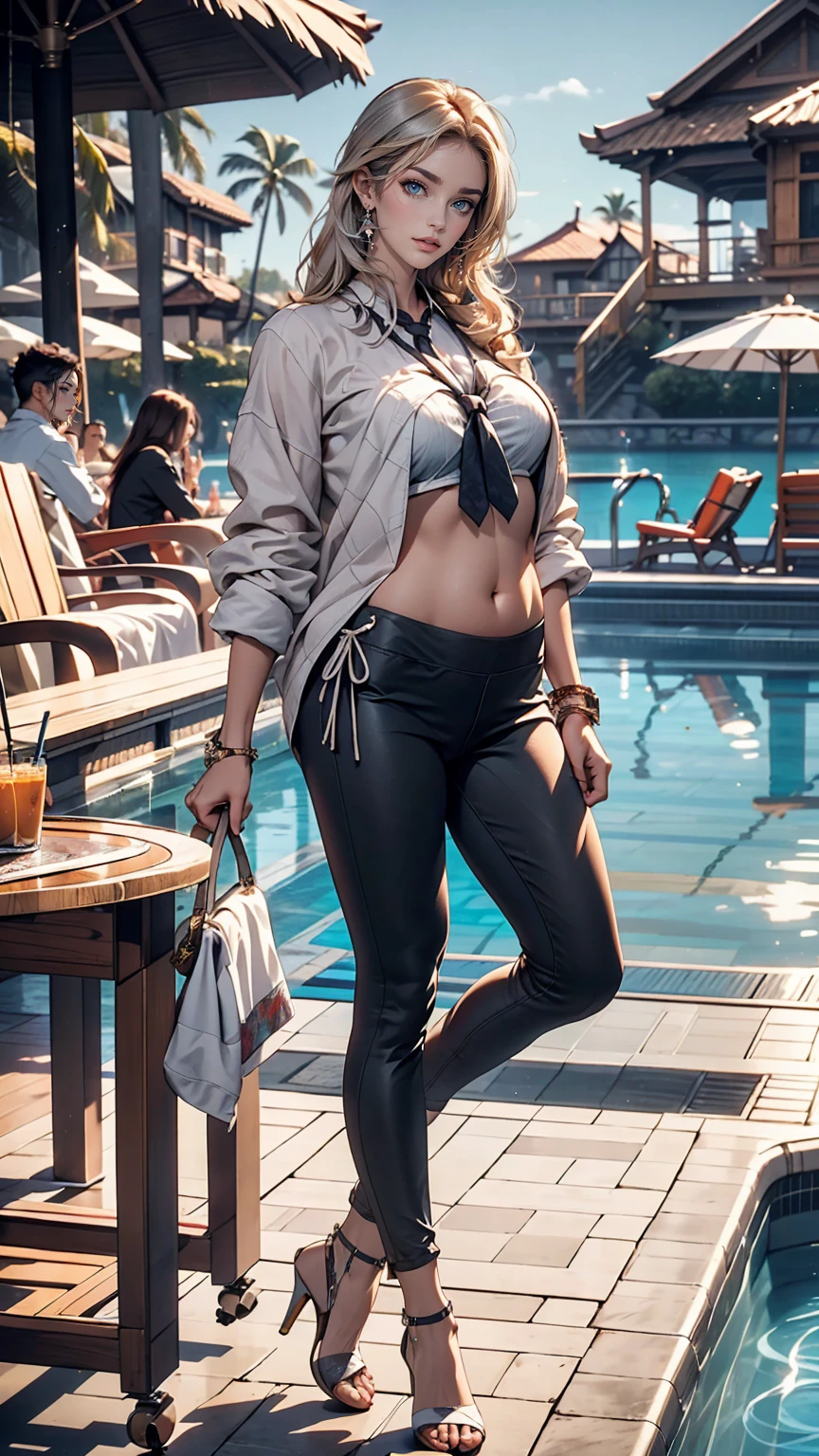 24 year old Caucasian female、blue eyes、Silver Hair、long hair、Vertical roll on one side((side drill))、tie-up･shirt（tie up shirt）Wear、I can see the belly button、Wear leggings、Wear 16cm high stiletto heels、At the poolside of a resort hotel、Sit on a deckchair、There is a table with sky blue tropical juices.