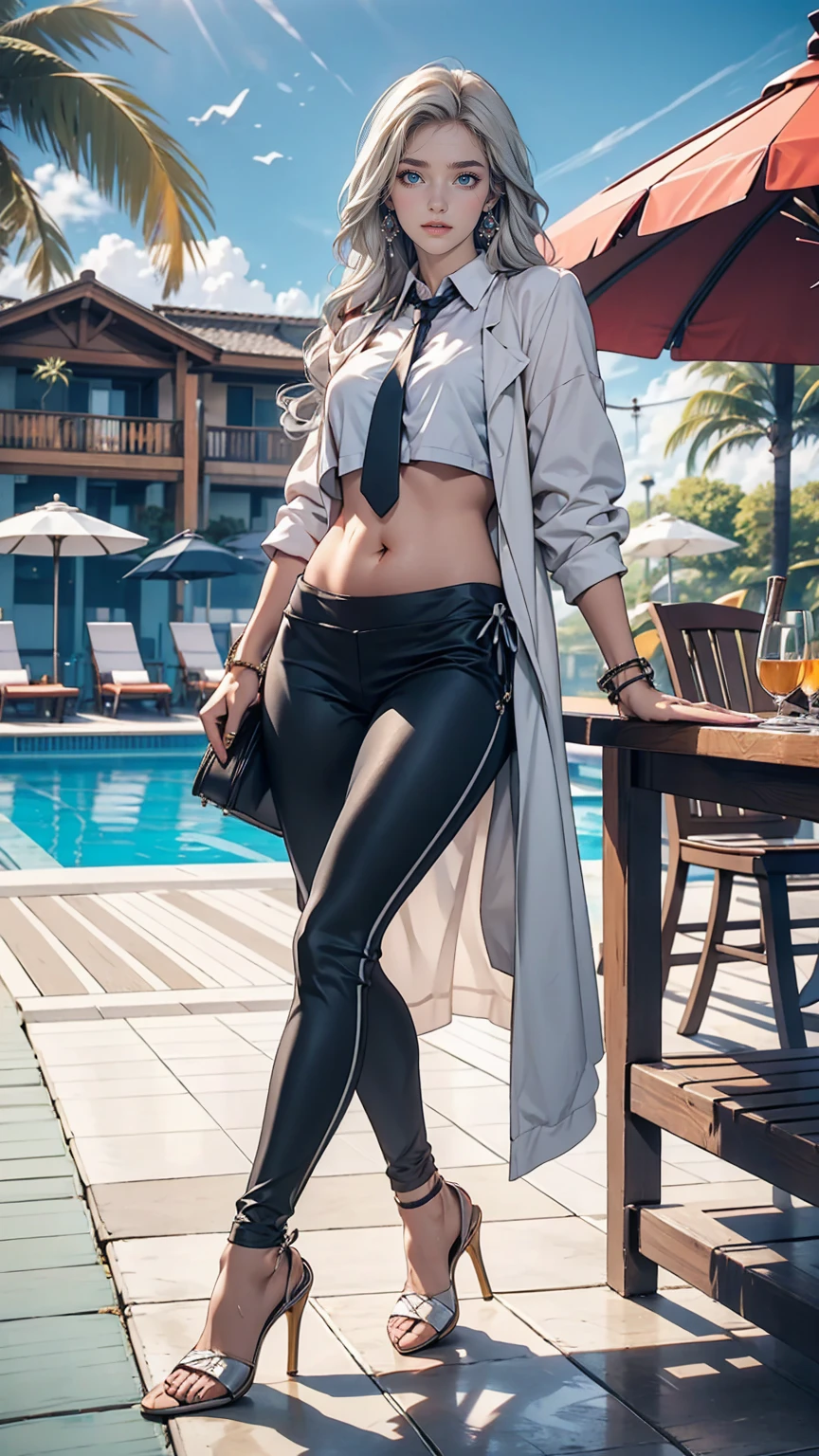 24 year old Caucasian female、blue eyes、Silver Hair、long hair、Vertical roll on one side((side drill))、tie-up・shirt(tie up shirt)Wear、I can see the belly button、Wear leggings、Wear 16cm high stiletto heels、At the poolside of a resort hotel、Sit on a deckchair、There is a table with sky blue tropical juices.