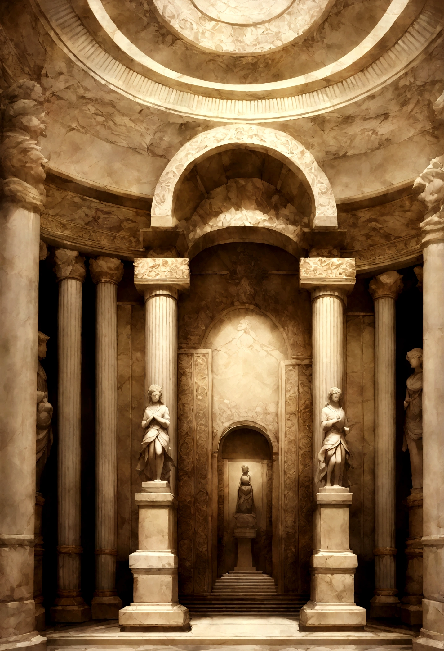 Rococo palace,Interior design,Huge oil painting adorns the top,Marble statues decorate the walls,Luxury,High Definition,sunny,Full of details,Greek Temple,5 door openings,Front view,