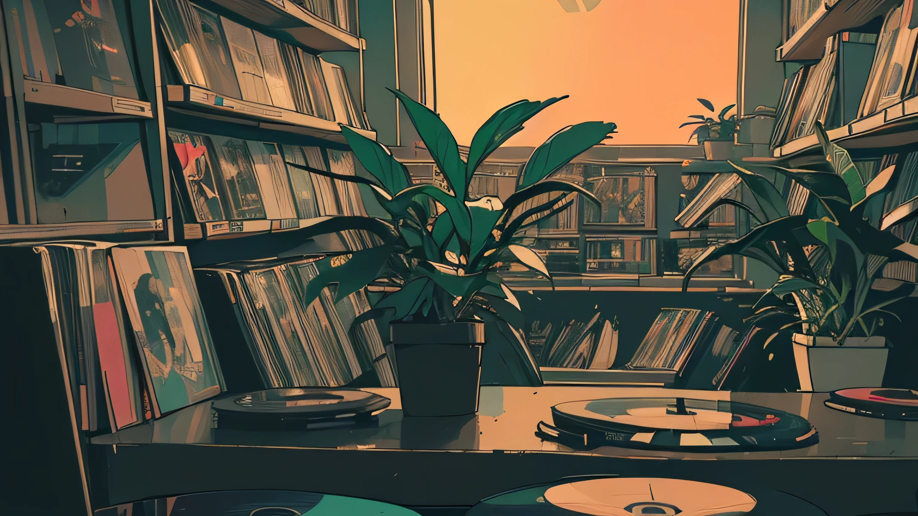 extreme quality, masterpiece, unity 8k wallpaper, depth of field, ultra detailed, (((unattended))), (((record store))), nostalgia, panorama, long shot, (((records on the shelves.))), (((Various angles))),(((Plants))), (((cyberpunk))), (((neon))),(((front view))),(((Night))), (((straight-on))), Accurate record detail, (((large window)))