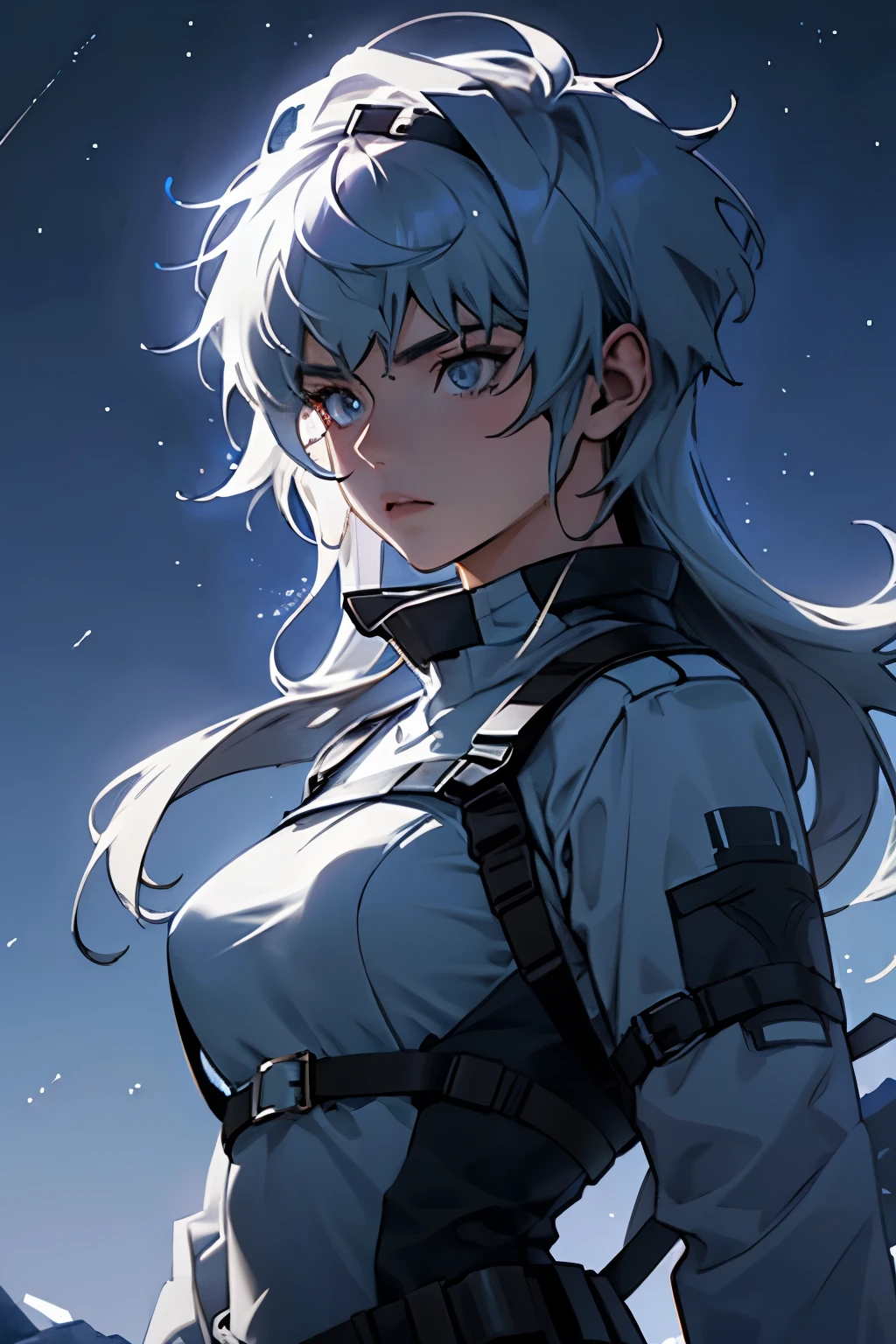 1girl, 20 years old, mature female, solo, fairskin, Tactical clothes, harness, Long bioluminescent hair, peaceful face, night sky background.