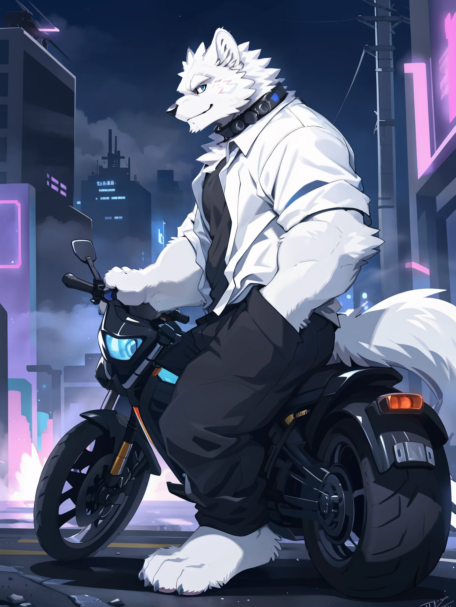 ((all white fur:1.5)), solo, Perfect sky blue eyes, Spike Collar, (artist:Takemoto Arashi), Mature face, elder, longeyelashes, Wearing a very loose functional work shirt|Black pants, ((Thin and tall figure)), (The back of the character), Leaning next to the motorcycle, City night background, barefoot, fang out, Smile evilly, Cyberpunk, first-person view, from side, atmospheric perspective, super detail, high details, 8k