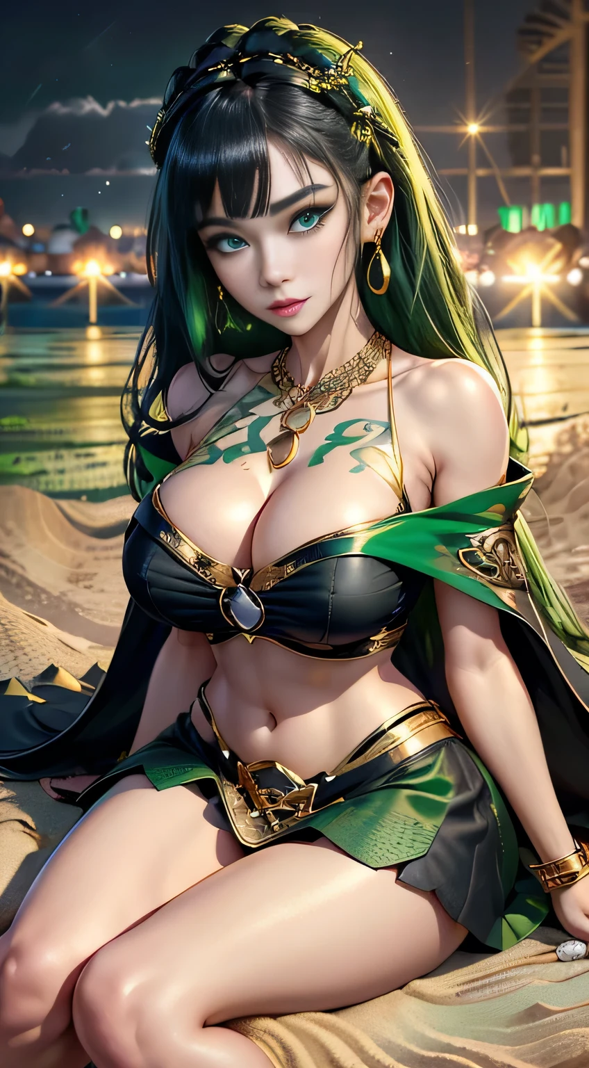 sfw, 1 beautiful young princess, ((beautiful princess no longer a child:1.8)), ((wearing a black armored dress with gold trim in ancient hanfu style:1.6)), (((Exquisite patterns on the skirt:1.6))), ((braided hair with long black bangs: 1.6)), ((long bangs:1.6)), ((hair jewelry:1.9)), ((upper body gold jewelry:1.9)), ((Very delicate gold necklaces:1.7)), ((earrings with emeralds:0.8)), noble, noble style of an extremely beautiful girl, super cute little face, very pretty face, fur thin eyebrows, flawless beautiful face, ((black eye pupils: 0.8)), very beautiful eyes, ((green eyes eyes: 1.6)), beautiful makeup and detailed hairdo, eyelashes, eye makeup wet, high nose, earrings, red lips, ((closed mouth: 1;5 )) , rosy face, clean face, flawless beautiful face, smooth white skin, firm breasts, nice cleavage, ((super big and round breasts: 1.6)), beautiful breasts, perfect body, ((Sit back and puff out your chest:1.6)), 8k photos, super high quality, super realistic, super 10x pixels, optical, bright studio, bright edges, two-tone lighting, (high detail skin:1.2), super 8k, soft lighting , high quality, volumetric light, optical, optical high resolution, light, best photo, 4k, 8k quality, blur effect, smooth sharpness, 10 x pixels, ((beach at night background:1.5)), aurora, lightning, super realistic graphics, most realistic graphics, alone, solo, Extremely sharp, surreal images, (((frontal portrait: 1.3)))."、 wearing bra,((skinny waist)), young asian girl, ((big breasted)),
