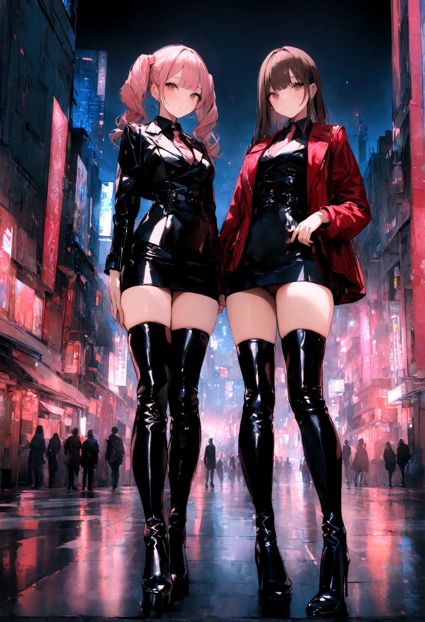 highest quality, In 8K, 32k, masterpiece ,Ultra-detailed,Twin tails , The hair color is brown,Straight Hair , 20-year-old ,Two pretty women standing side by side,whole body, Knee-high boots,Micro Mini Skirt,Black Leather,High heels,Tokyo at Night ,Gaze shyly,Pink Panties,leather jacket,Low angle
