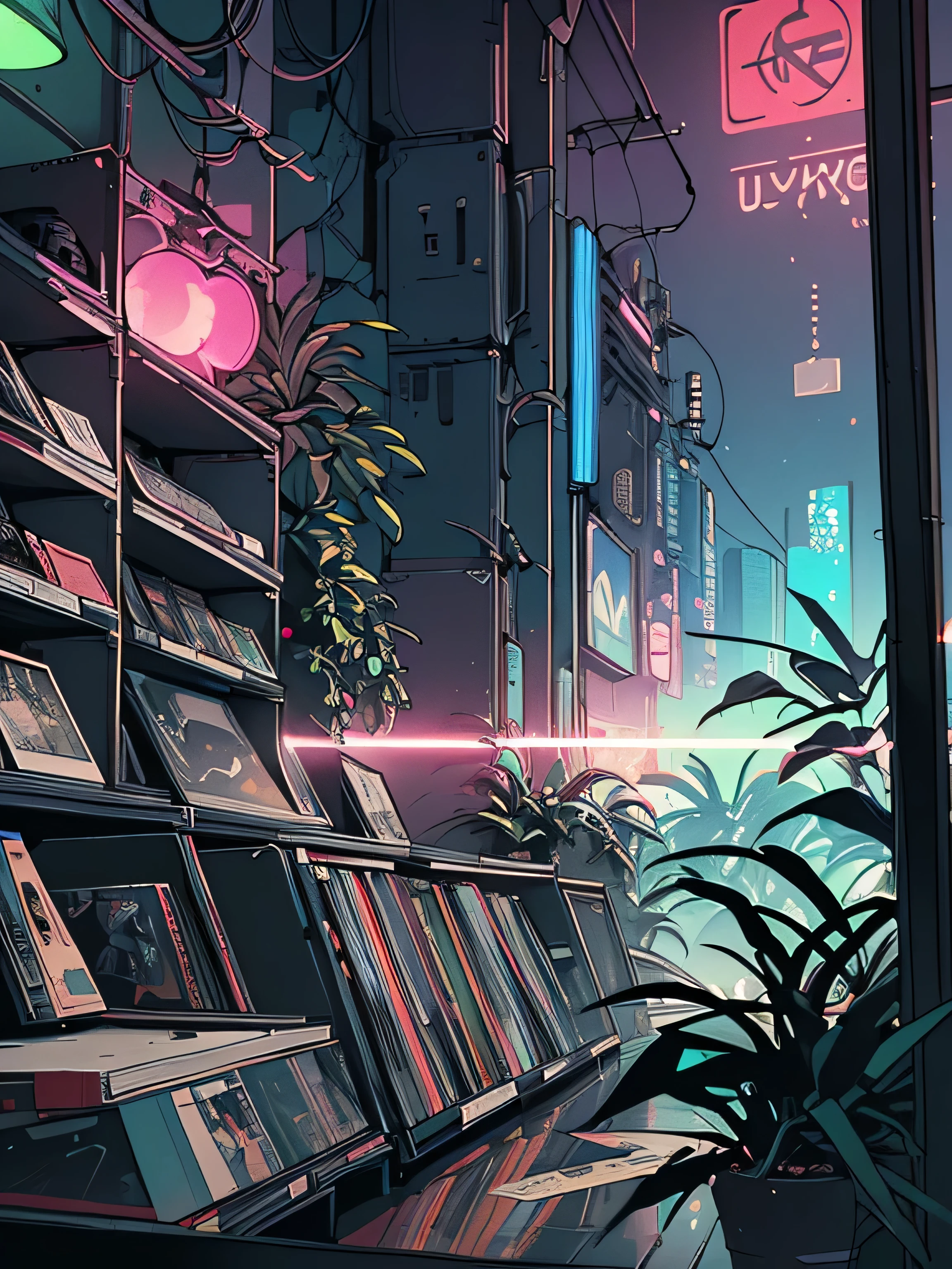 extreme quality, masterpiece, unity 8k wallpaper, depth of field, ultra detailed, (((unattended))), (((record store))), nostalgia, panorama, long shot, (((records on the shelves.))), (((Various angles))),(((Plants))), (((cyberpunk))), (((neon))),(((front view))),(((Night))), (((straight-on))), Accurate record detail, (((large window)))