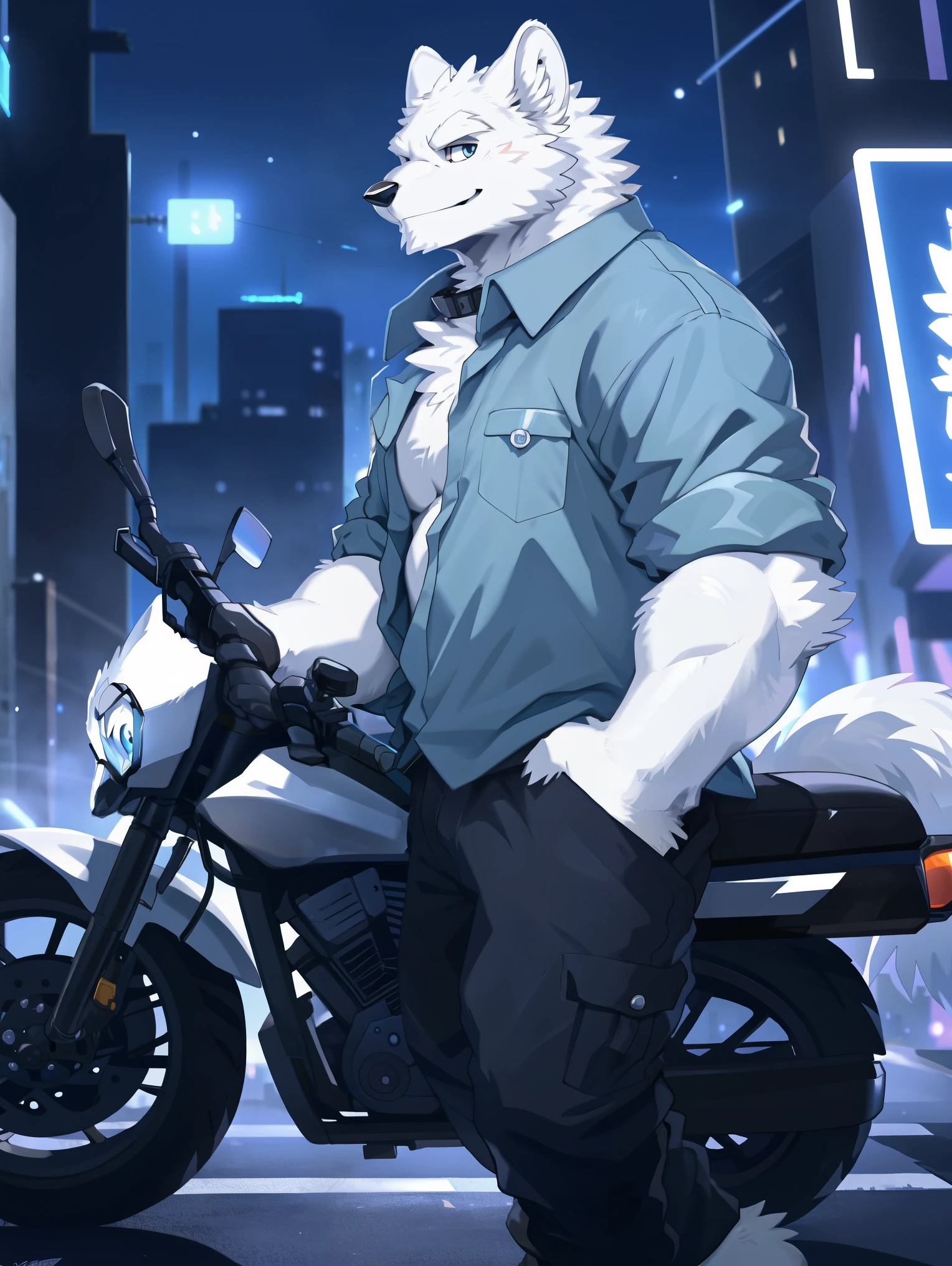 ((all white fur:1.5)), solo, Perfect sky blue eyes, Spike Collar, (artist:Takemoto Arashi), Mature face, elder, longeyelashes, Wearing a very loose functional work shirt|Black pants, ((Thin and tall figure)), (The back of the character), Leaning next to the motorcycle, City night background, barefoot, fang out, Smile evilly, Cyberpunk, first-person view, from side, atmospheric perspective, super detail, high details, 8k