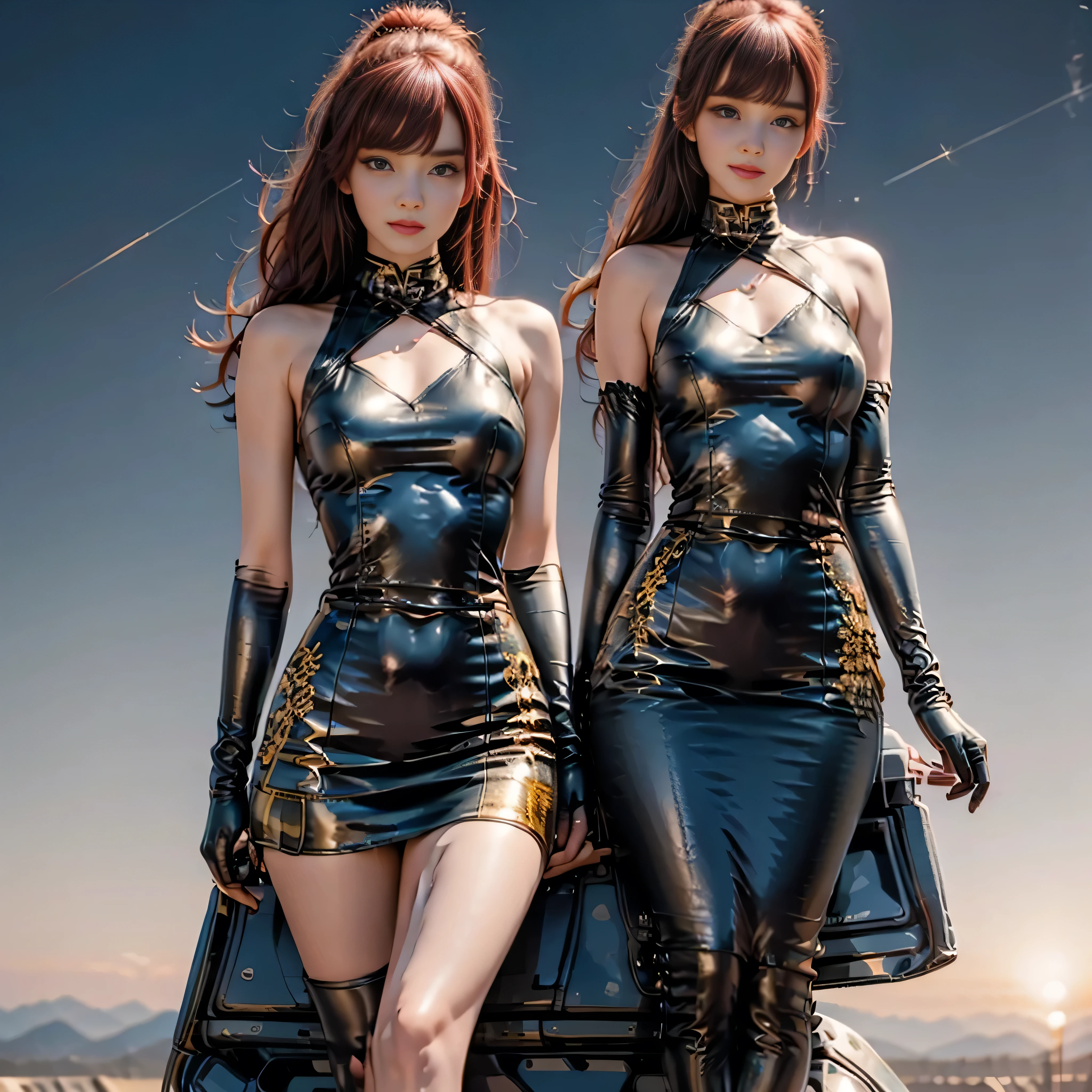 Three 21 year old girls, sitting, beautiful face, beautiful figure, perfect measurements, perfect body, mini-skirt, top, transparencies, fireworks, metallic gloves, shooting stars, photorealism, RAW quality,