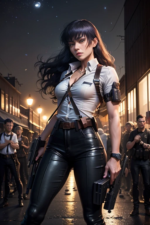 (highest quality、Ultra-high resolution、masterpiece、8K)、((Realistic、Ultra-realistic、Realistic)), anime「Black Lagoon」Roberta, 1 girl 、Full Body Portrait、Young and very beautiful woman、Slender、Slim Waist、Long, slender legs、sniper rifle, gun at you ,Aiming at the audience, holding 銃, (Realisticで詳細な銃) 、Collared shirt、pants、boots、Cleavage、Sharp Eyes、Hated、Murderous expression、(Delicate face、Detailed eyes and face、double eyelid、Red lips)、Night view of an empty city、Starry Sky、Wind、moon