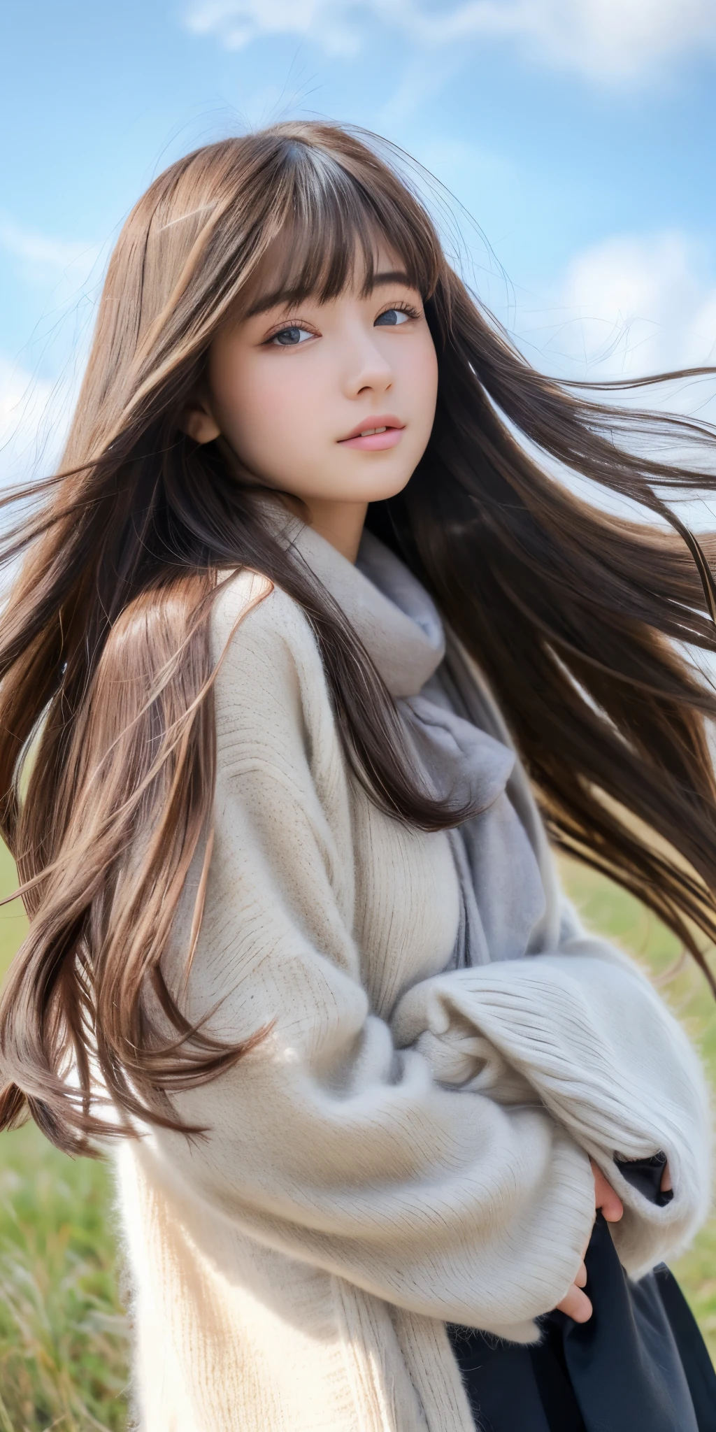 ((hair blowing in the wind、no makeup:1.2))、(realistic、Photoreal、Super detailed、best detailed skins、highest quality、masterpiece、超A high resolution)、cute russian woman、、high school girl、young girl、1 girl、have bangs、ash blonde:1.7、double eyelid、drooling eyes、Japanese style face、purity、realistic skin type、thick muffler、Gray muffler、fluffy hair、((There&#39;hair in scarf:1.3))、red cheeks、The wind is blowing、that&#39;It&#39;s snowing、night、illumination、Lighting from behind、hair blowing in the wind、((Antarctica、A meteor shower、A world view of the aurora))