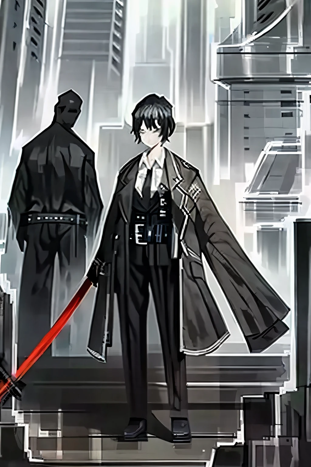 One woman,Dynamic,whole body,Are standing,mysterious,Concept Art,Character Design,Jet black straight hair,The bangs are trimmed to accentuate the eyes.,Short Hair,Well-proportioned face,Sharp Eyes,Simple black suit,White shirt and black tie,Silver cufflinks on the left hand,On the ring finger of her right hand she wears a simple silver ring.。Luxury watches,Black leather shoes,beltでウエストラインを強調,Arknights Wind,Stylish,Red eyes,belt,Stylishな赤い模様の上着,Stylish,Simple background gray,Details,Okabo Hair,Half-open eyes,Chibi,