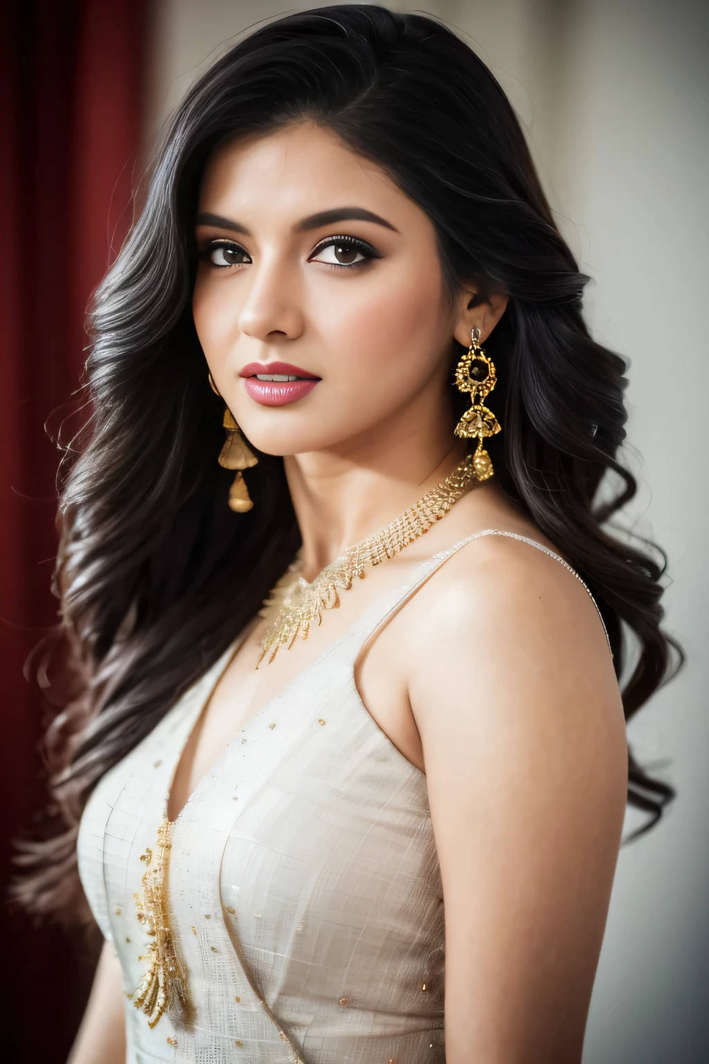 portrait of A confident-looking indian white woman, with long flowing brown hair, hazel eyes, smile and pink lips, bright face, looking front , palace background, bokeh perfect composition, hyper realistic, super detailed, 8k, high quality, trending art, trending on artstation, sharp focus, photo shoot, intricate details, highly detailed, art by greg rutkowski