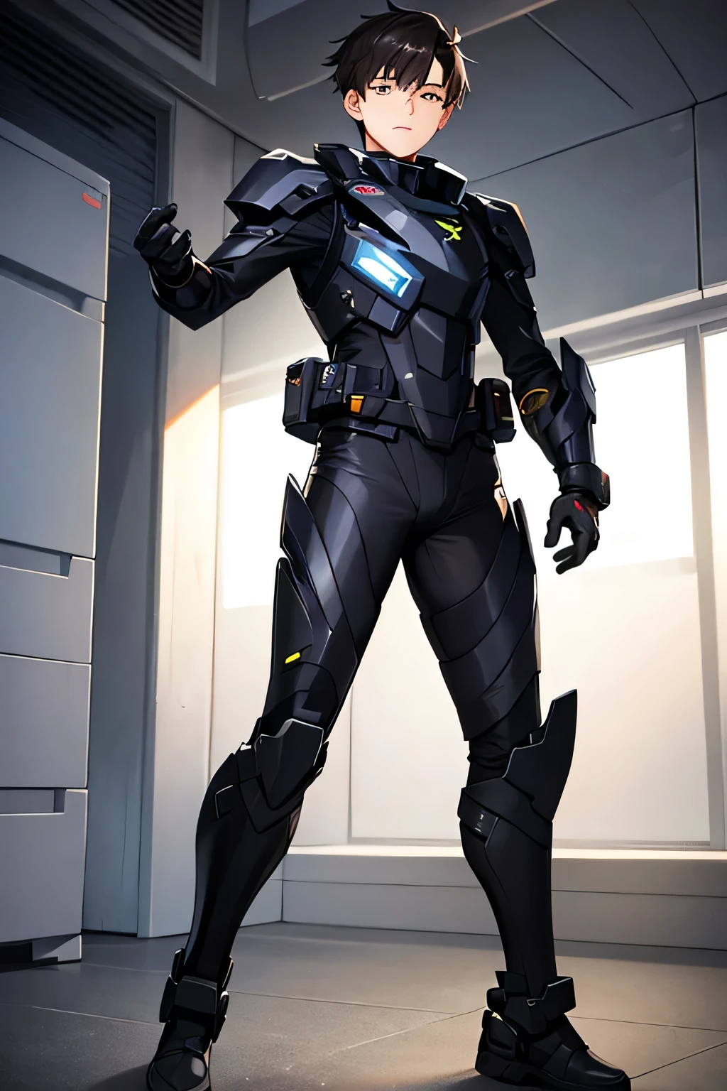 18 year old young man with a black latest generation exo military suit