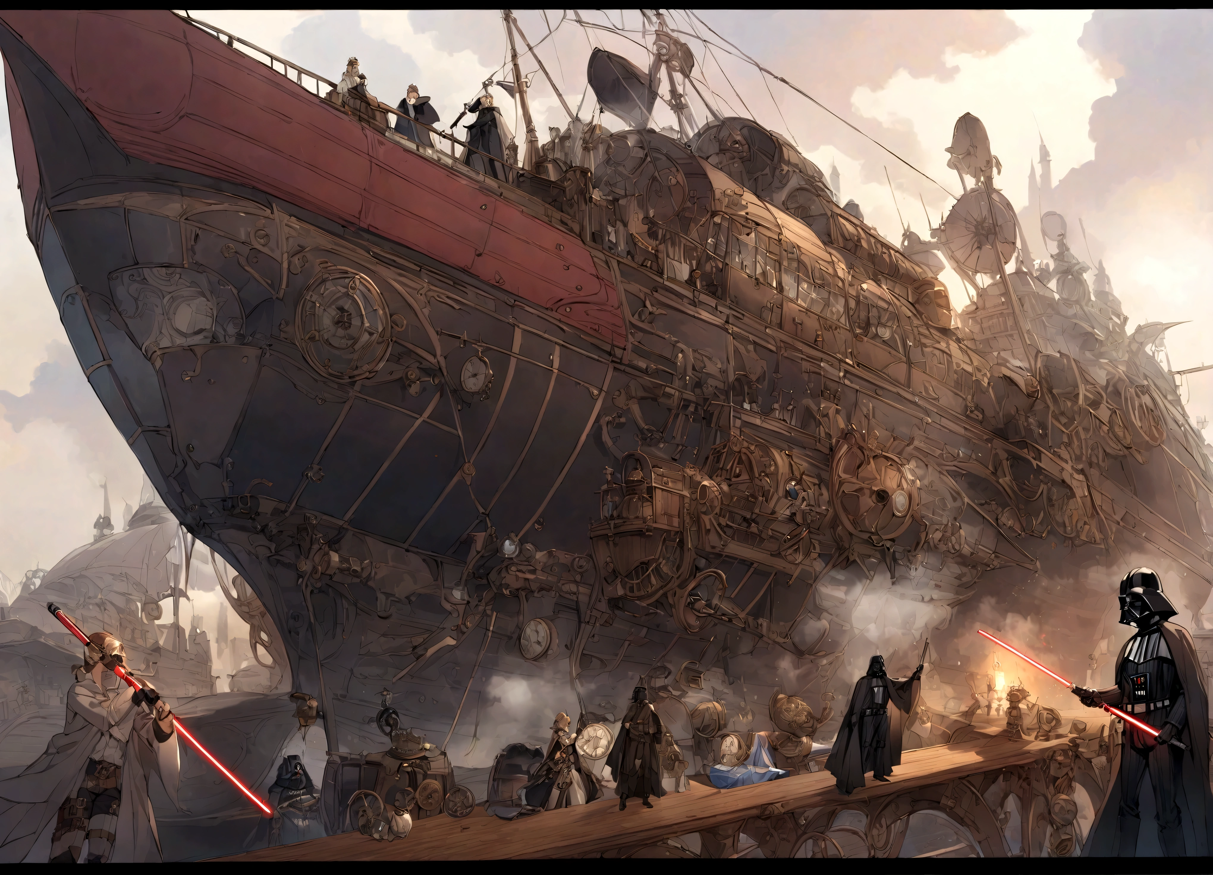 Luke skywalker and darth vader have a uel with light sabers, steam punk style, set on an airship