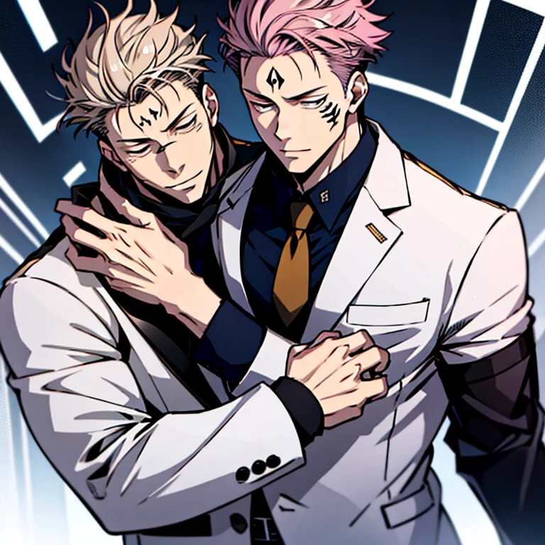 (tmasterpiece, best qualityer: 1.2), malefocus, 2boys, sukuna, tattoo_On_his_face, male, full bodyesbian, Black leather jacket, Black leather tie, leather gloves, Nanami, blue shirt, black tie, white suit jacket, white suit pants, white leather gloves, A pink-haired, cow boy shot, 8K, super detailing, sukuna's hands on nanami's waist, sukuna kissing nanami on the lips, tightsuit,inside the house,
