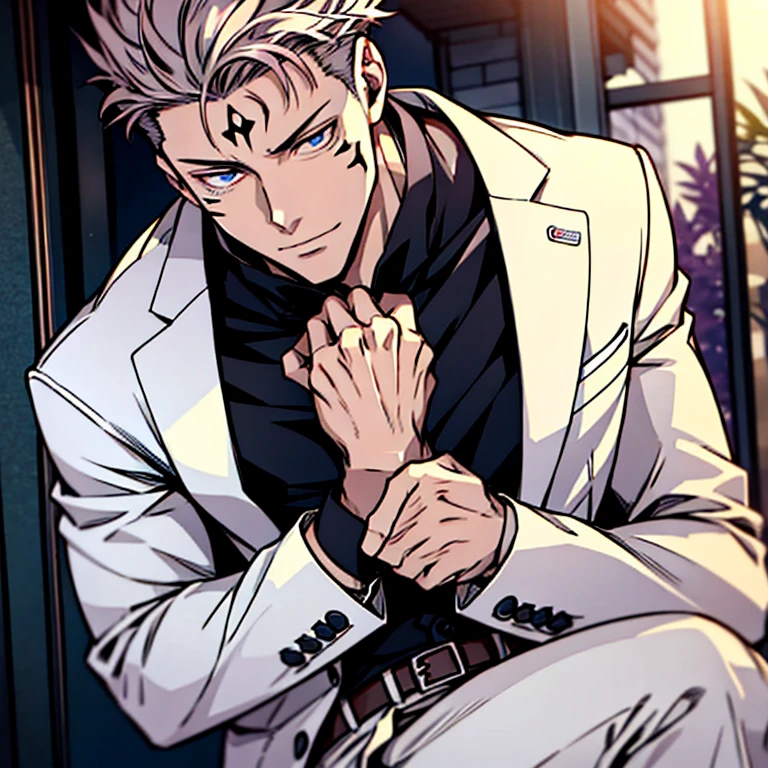 (tmasterpiece, best qualityer: 1.2), malefocus, 2boys, sukuna, tattoo_On_his_face, male, full bodyesbian, Black leather jacket, Black leather tie, leather gloves, Nanami, blue shirt, black tie, white suit jacket, white suit pants, white leather gloves, A pink-haired, cow boy shot, 8K, super detailing, sukuna's hands on nanami's waist, sukuna kissing nanami on the lips, tightsuit,inside the house,