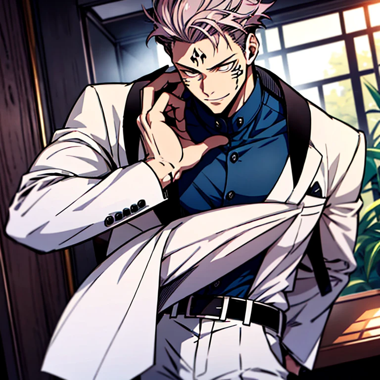 (tmasterpiece, best qualityer: 1.2), malefocus, 2boys, sukuna, tattoo_On_his_face, male, full bodyesbian, Black leather jacket, Black leather tie, leather gloves, Nanami, blue shirt, black tie, white suit jacket, white suit pants, white leather gloves, A pink-haired, cow boy shot, 8K, super detailing, sukuna's hands on nanami's waist, sukuna kissing nanami on the lips, tightsuit,inside the house,