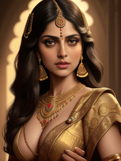 beautiful detailed woman,brunette hair,babylonian queen,raja ravi varma style,highly detailed portrait,photorealistic,4k,8k,photo-realistic,extremely detailed face and eyes,long eyelashes,detailed makeup,jewelry,beautiful detailed dress,historical,cinematic lighting,warm colors,chiaroscuro,dramatic,elegant,regal, revealing her luscious body