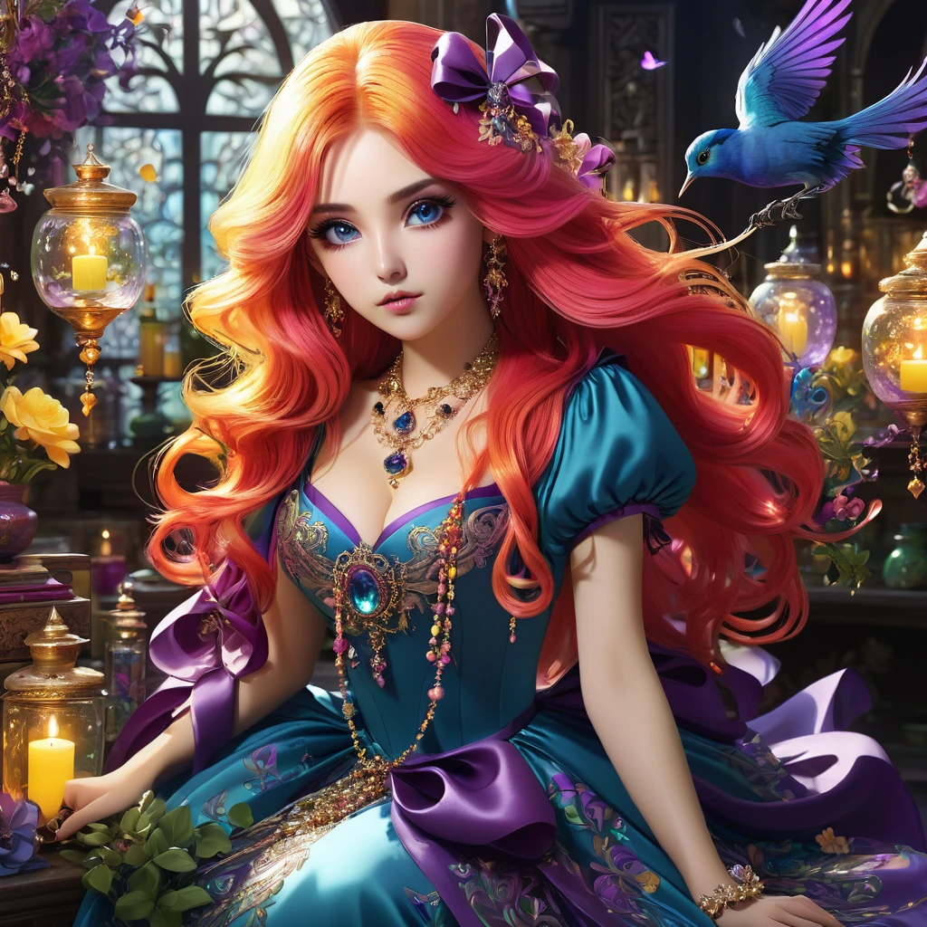 1girl, long hair, bright hair color, seductive eyes, mysterious expression, mature appearance, charming dress, flowing dress, elegant jewelry, intricate decoration, magic symbols, glowing accessories, potions, scrolls, cute accents, bows, ribbons, flowers, birds