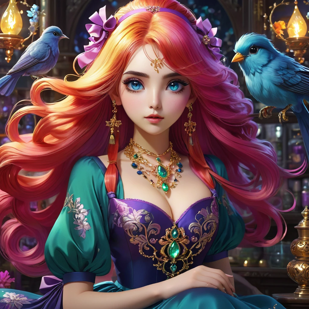 1girl, long hair, bright hair color, seductive eyes, mysterious expression, mature appearance, charming dress, flowing dress, elegant jewelry, intricate decoration, magic symbols, glowing accessories, potions, scrolls, cute accents, bows, ribbons, flowers, birds