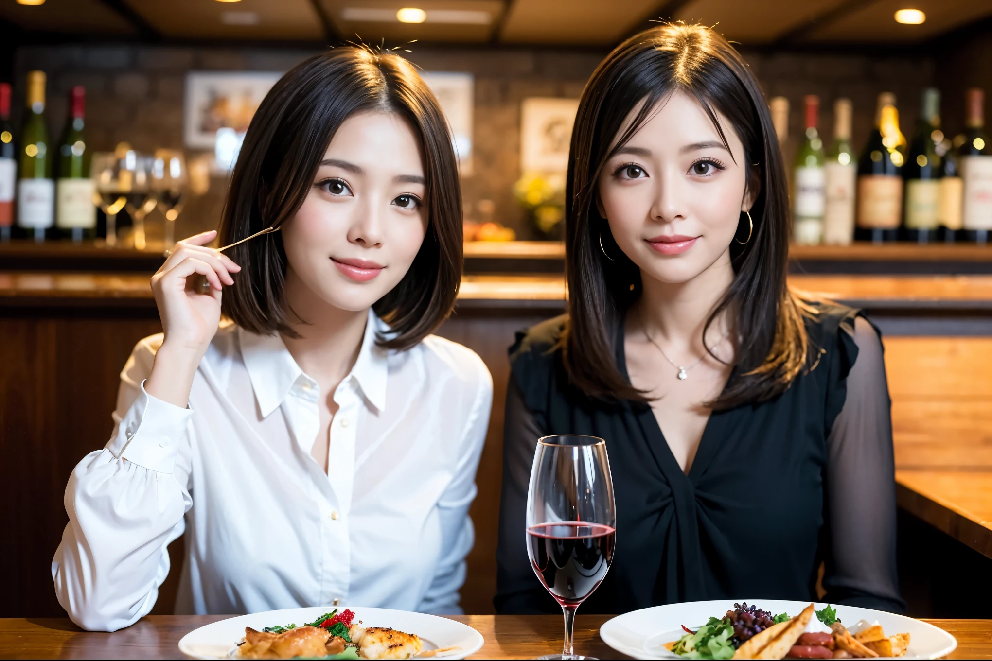 ((highest quality、8k、masterpiece:1.3))、1 male 1 female、A lover who resembles Satomi Ishihara、Beautiful couple、smile、full-course dinner、 (Slim face), (the body is スリム), (Brown Hair), (Shortcuts), ((Bob Hale、Straight hair:1.2)), テーブルの上のwine glass、Please shine a light on my face、 Amazing view of the sunset sky and clouds、 (Age 37), 39 years old, red wine 、Appetizers、Italian food、Wine bottle、Champagne、sparkling wine、Long sleeve shirt、dress、Attractive beauty、restaurant, Nova Frog Style, actress, model, Upper Body, White wine, red wine, wine glass, 