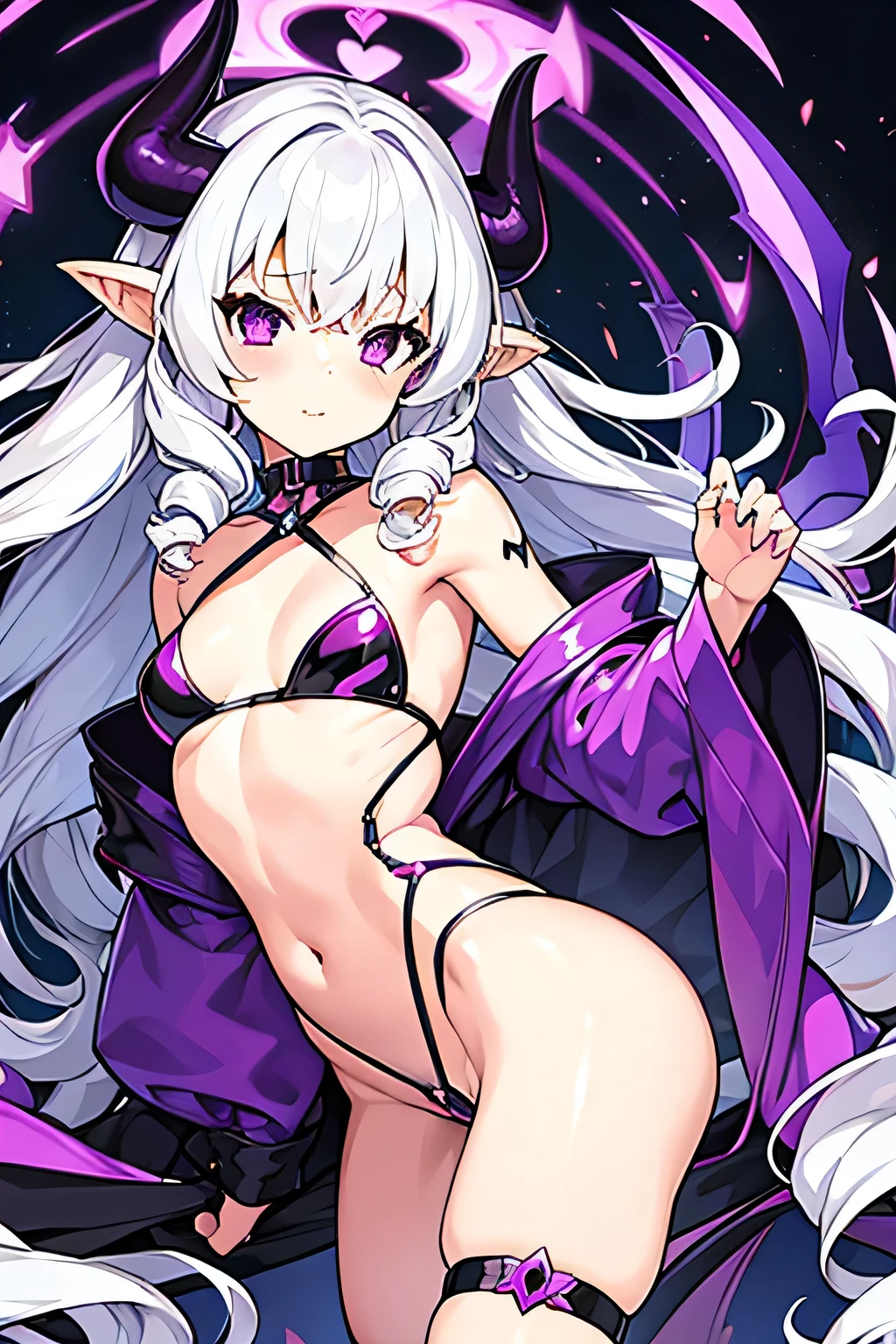 Succubus, girl, teenager, cute, sexy, white hair, curly hair, purple eyes, latex clothes, naked, small boobs, , 