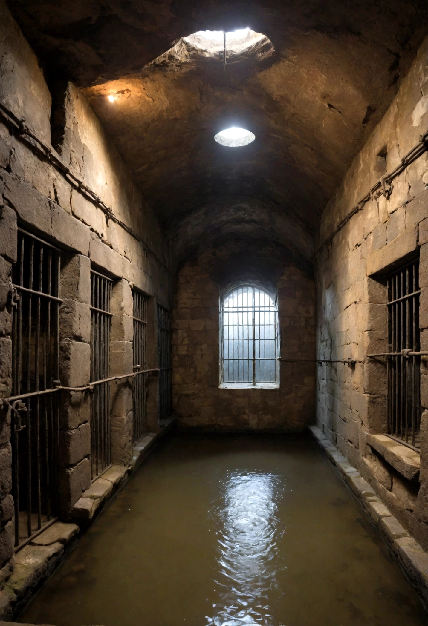 ((stone chambers underground with iron metal prison cells)), wet walls, leaking walls,