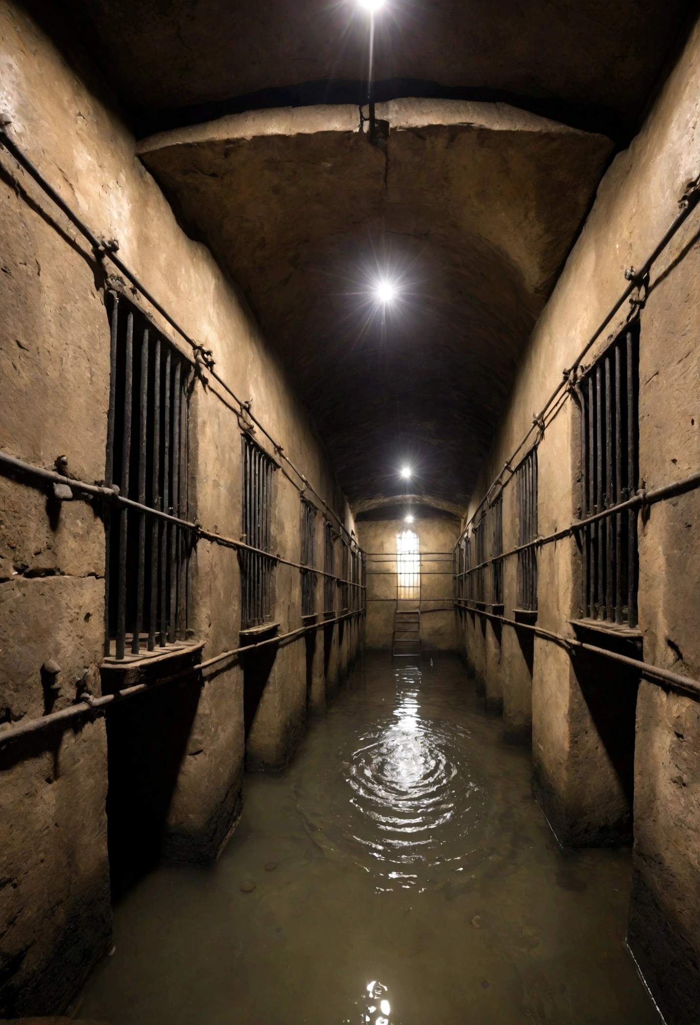 ((stone chambers underground with iron metal prison cells)), wet walls, leaking walls, 