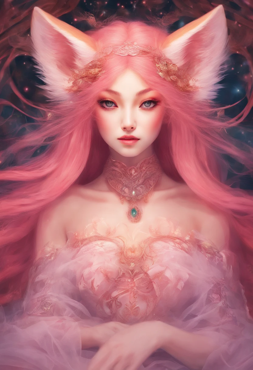 A 25-year-old nine-tailed demon fox woman,Foxy eyes,Long pink hair above waist,Wear ancient transparent tulle,Lying on my side on the wooden bed and looking in front of me,