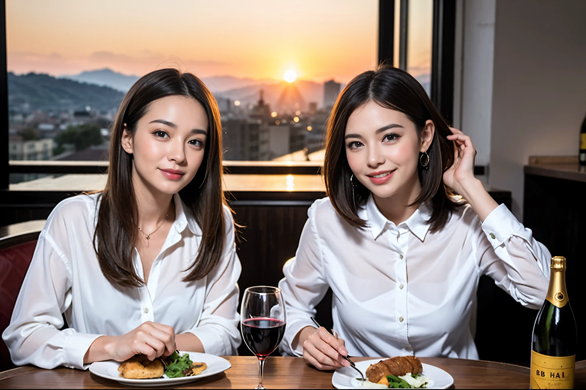 ((highest quality、8k、masterpiece:1.3))、1 male 1 female、spouse、Beautiful couple、smile、 (Slim face), (the body is スリム), (Brown Hair), (Shortcuts), ((Bob Hale、Straight hair:1.2)), Wine glass on the table、Please shine a light on my face、 Amazing view of the sunset sky and clouds、Amazing mountain views、The beauty of a smile、Bright image、Blushing, Shortcuts,Bright Face、 (42 years old), 39 years old, red wine 、Appetizers、Italian food、Wine bottle、Champagne、sparkling wine、Long sleeve shirt、dress、Attractive beauty、restaurant, Nova Frog Style, actress, model, Upper Body, White wine, red wine, wine glass, 