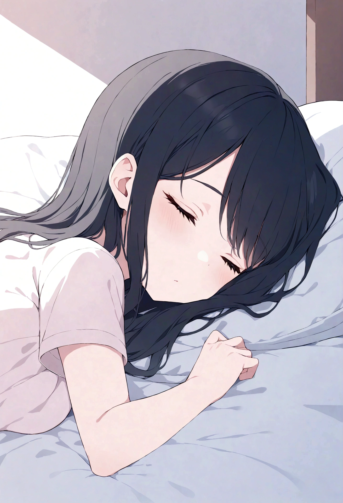 female,black hair, cute, sleeping on bed, sideview