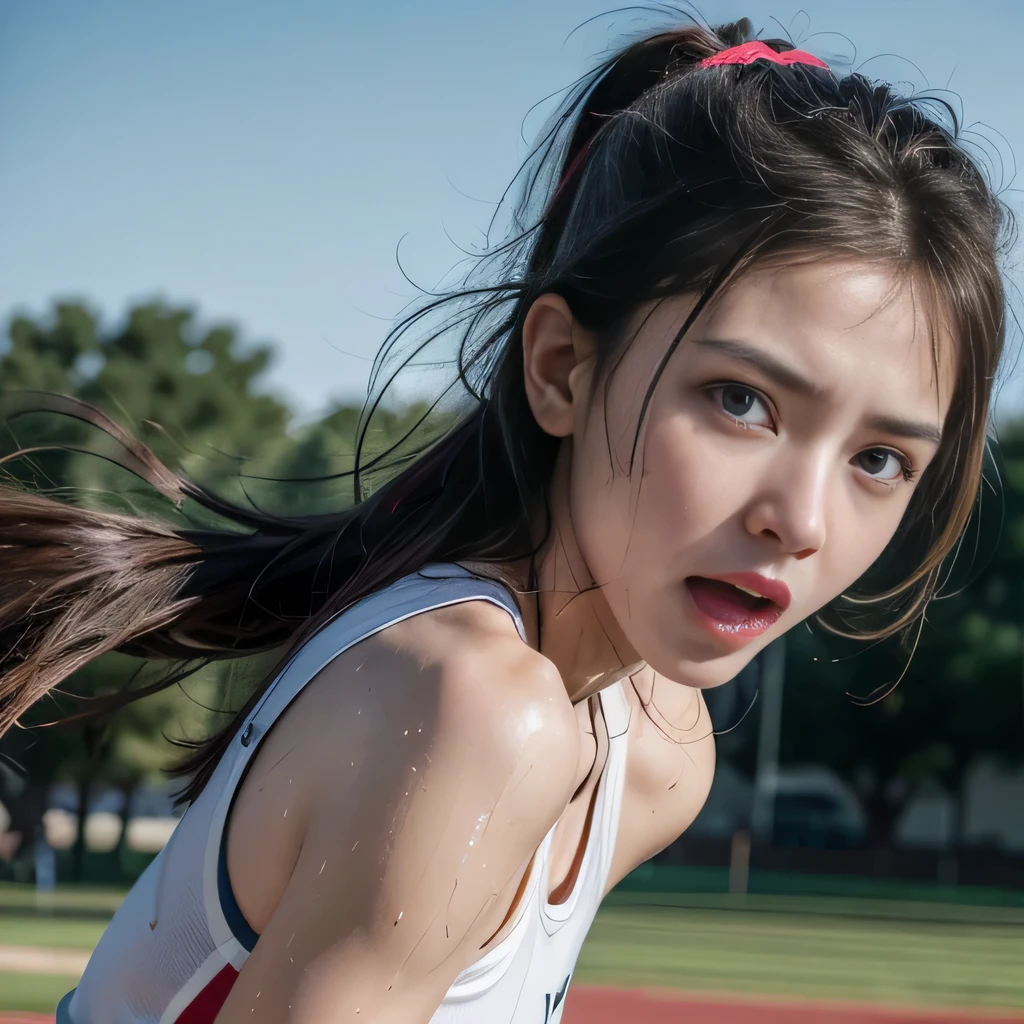 raw photo , 8K, ultra detailed, (realistic:1.2), (1girl, serious, open mouth:1.2), (sweat:1.3), athlete, running, 20yo, upper body