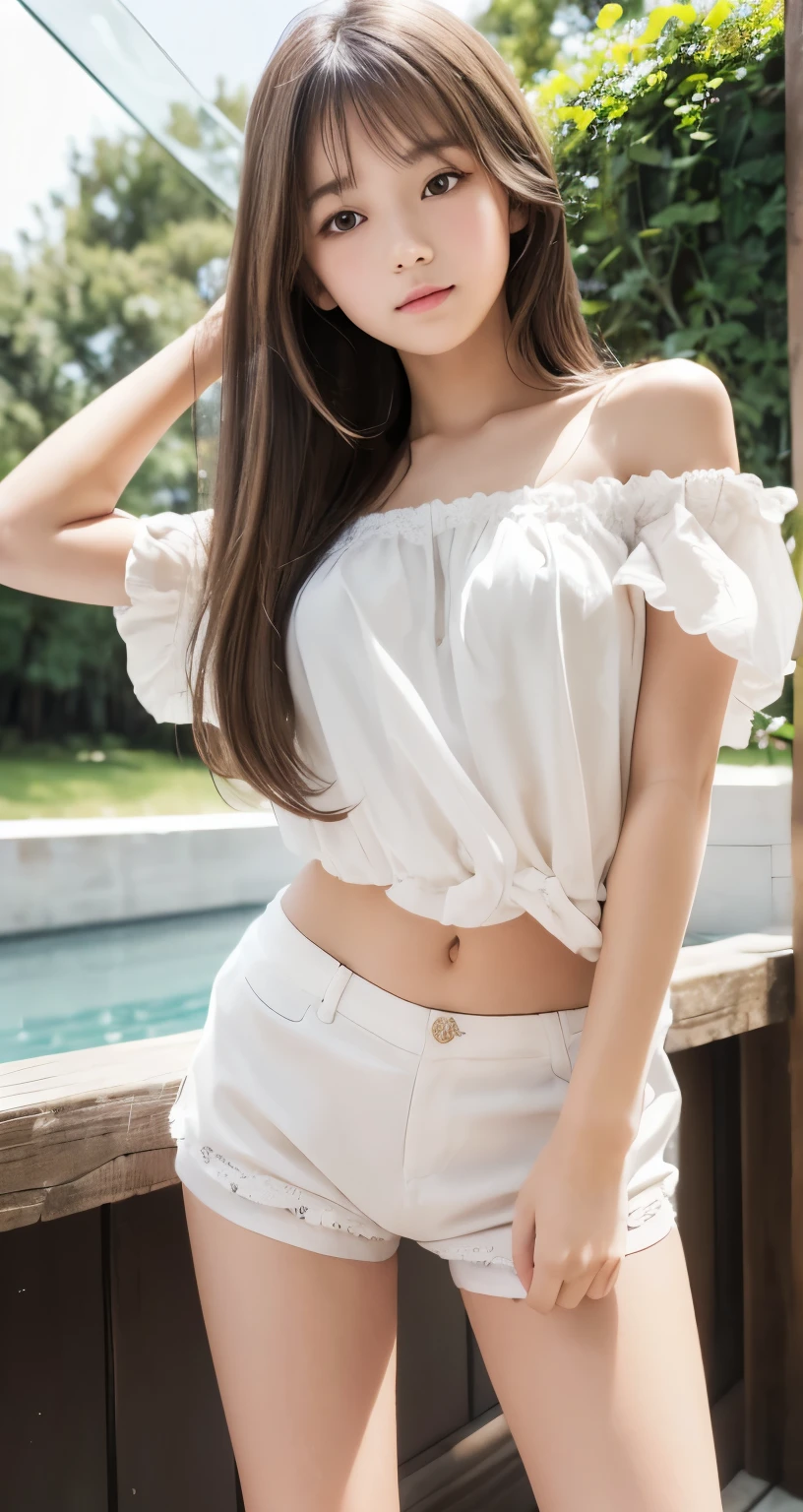 masterpiece, top quality, best quality, extreme detailed,highest detailed,(from below:1.7)、pretty girl、(Standing with your legs apart:1.2)、、Japanese、Cute Face、Idol-like face、Long Hair、Light-colored hair、Round eyes、Small Nose