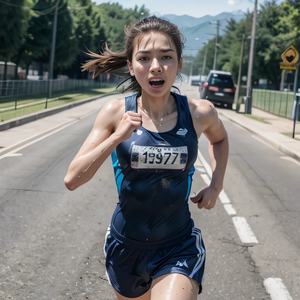 raw photo , 8K, ultra detailed, (realistic:1.2), (1girl, serious, open mouth:1.2), (sweat:1.3), athlete, running, 20yo, cowboy shot, road