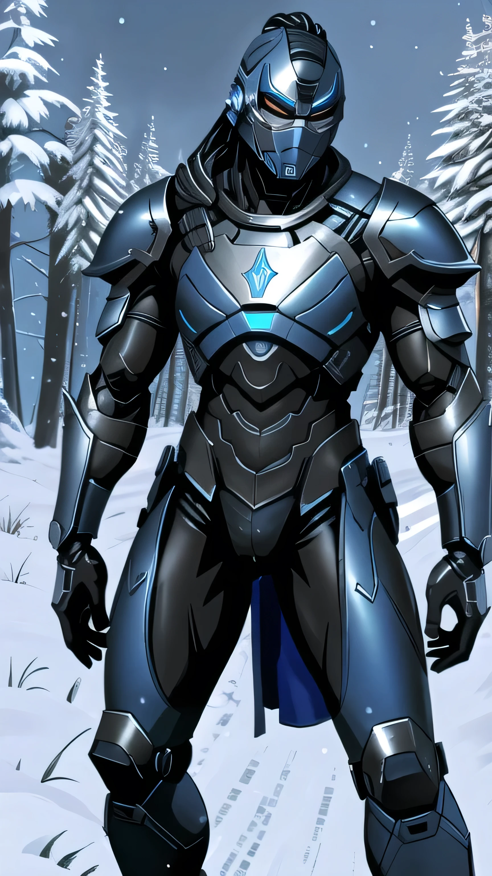 Sub-Zero from Mortal Kombat, zxcrx, cyborg ninja, sleek (blue and black armor:1.5), various robotic components, his face is covered by a helmet with a glowing ligh blue visor, ice blades, cold, ice, snow, winter, 1man, solo, full body view, front view, looking at viewer, intricate, high detail, sharp focus, dramatic, photorealistic painting art by greg rutkowski