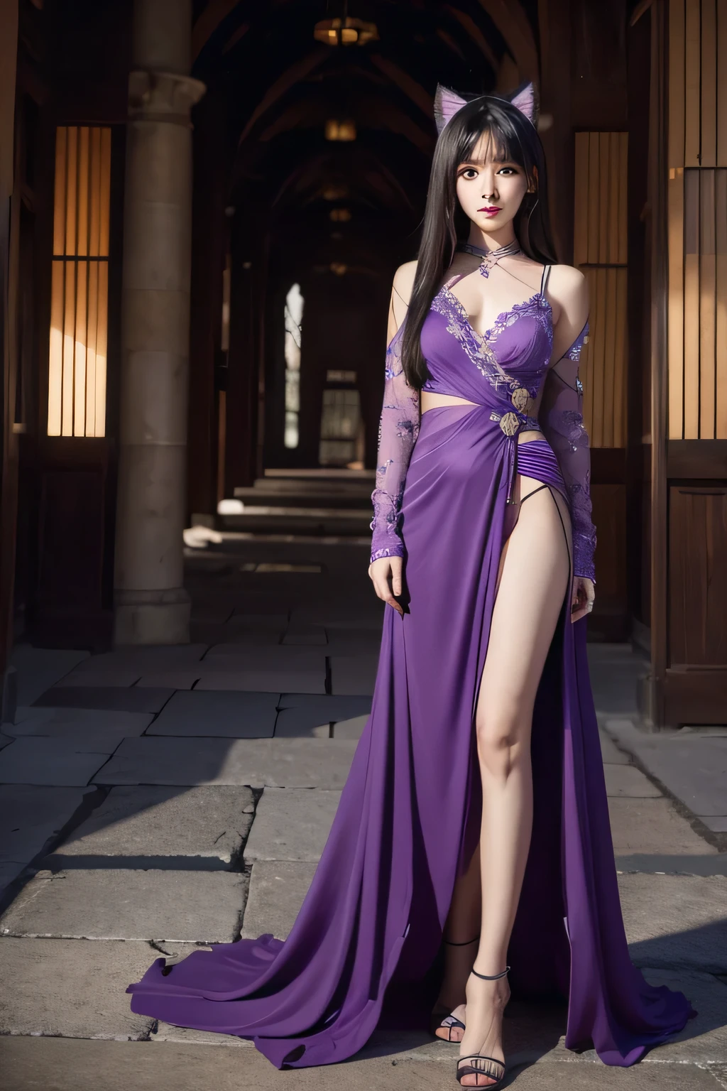 (​masterpiece、top-quality、intricate detailes、chromatic abberation)、(realisitic)、(The skin)、Engaging pose、On the roof of a building at night、(long legged:1.2)、((intricate-detail))、((surrealistic))、Absurd resolution、Near and far law、ighly detailed、Colossal tits、Big and perfect hands、Detailed finger、beatiful detailed eyes、length hair、Brown-eyed、a choker、耳Nipple Ring、Beautiful face woman everyone looks back at、mesmerizing eyes、looking at the viewers、(Long legs in knee-high boots、high-heels)、 nice butt(Beautiful 50 year old sexy Korean woman in gorgeous purple see-through dress:1.1)、(Full-body photography from a distance:1.4)、